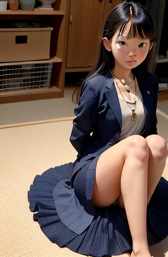 raises a 14 year old girl, body 1.60 meters, sitting position, dress clothes, necklace objects,