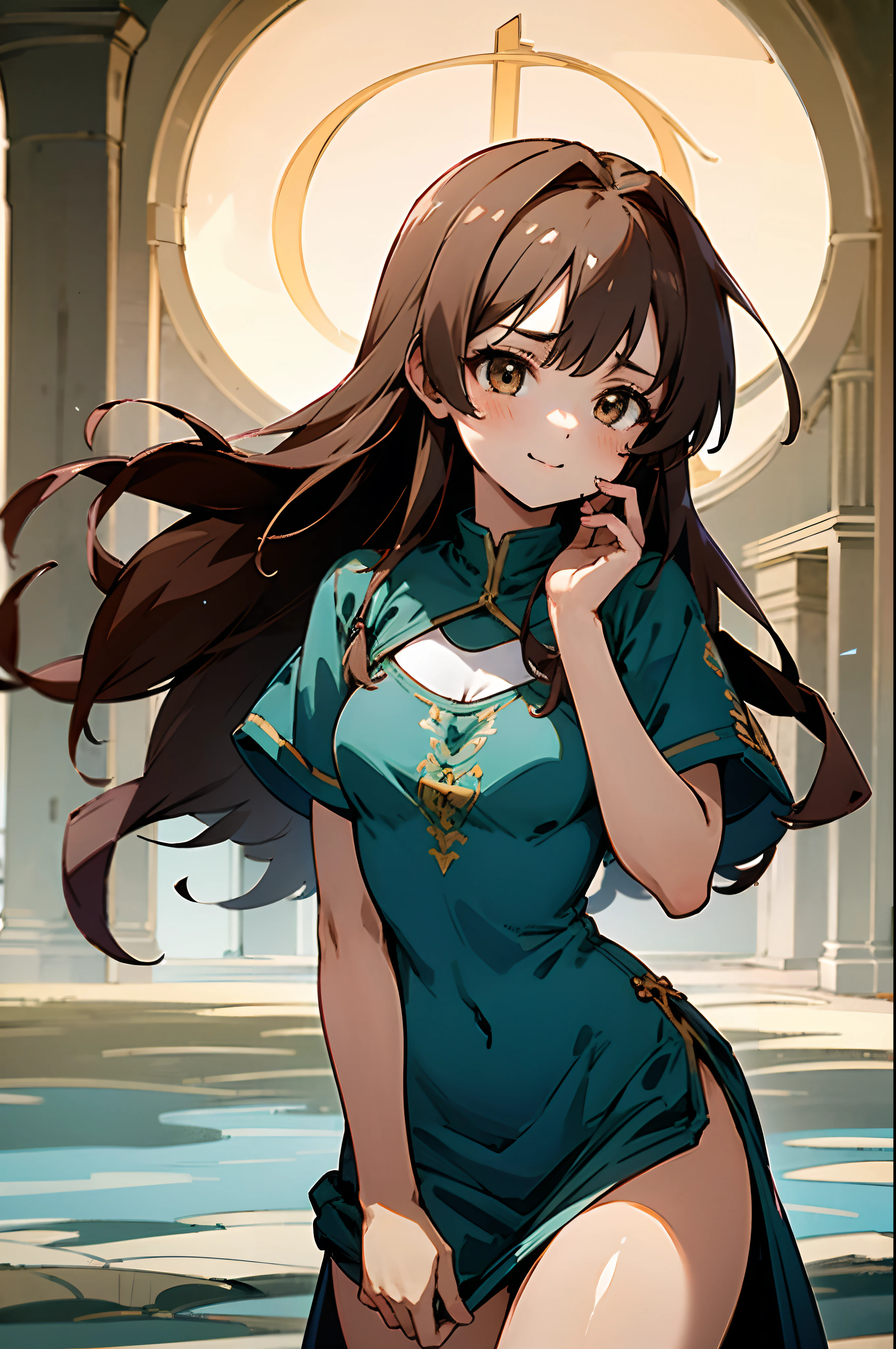 1girl, bronze long hair. bronze eyes, wearing medieval fantasy dress, high res, ultrasharp, 8k, masterpiece, perfect body, perfect face, cute face, leaning on the latern, medieval city looking forward