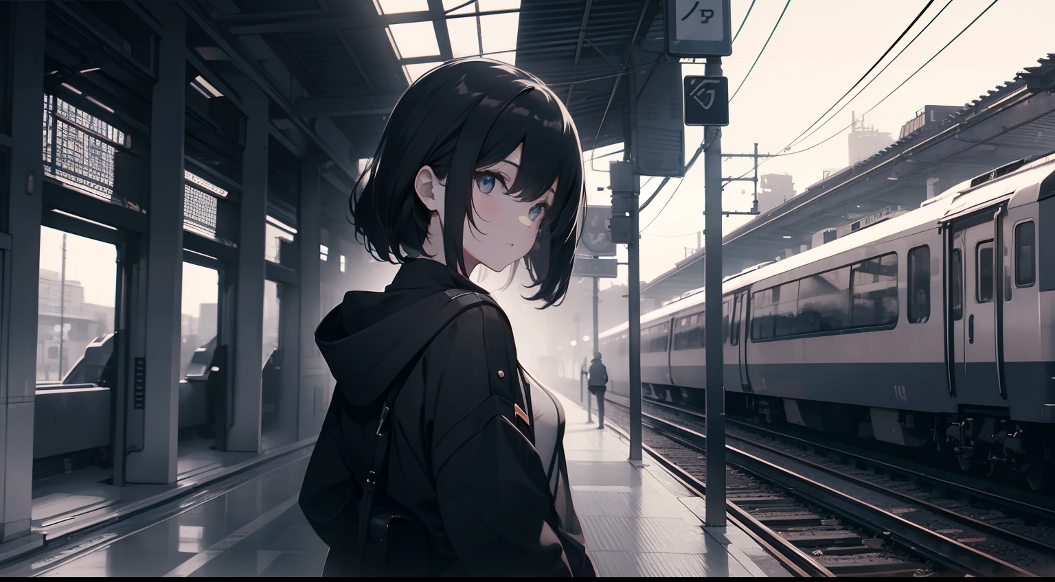 cool girl, upper chest shot, monochrome, black, blue, back ground in black, everyday scenary, from back, looking up, blurred background, train