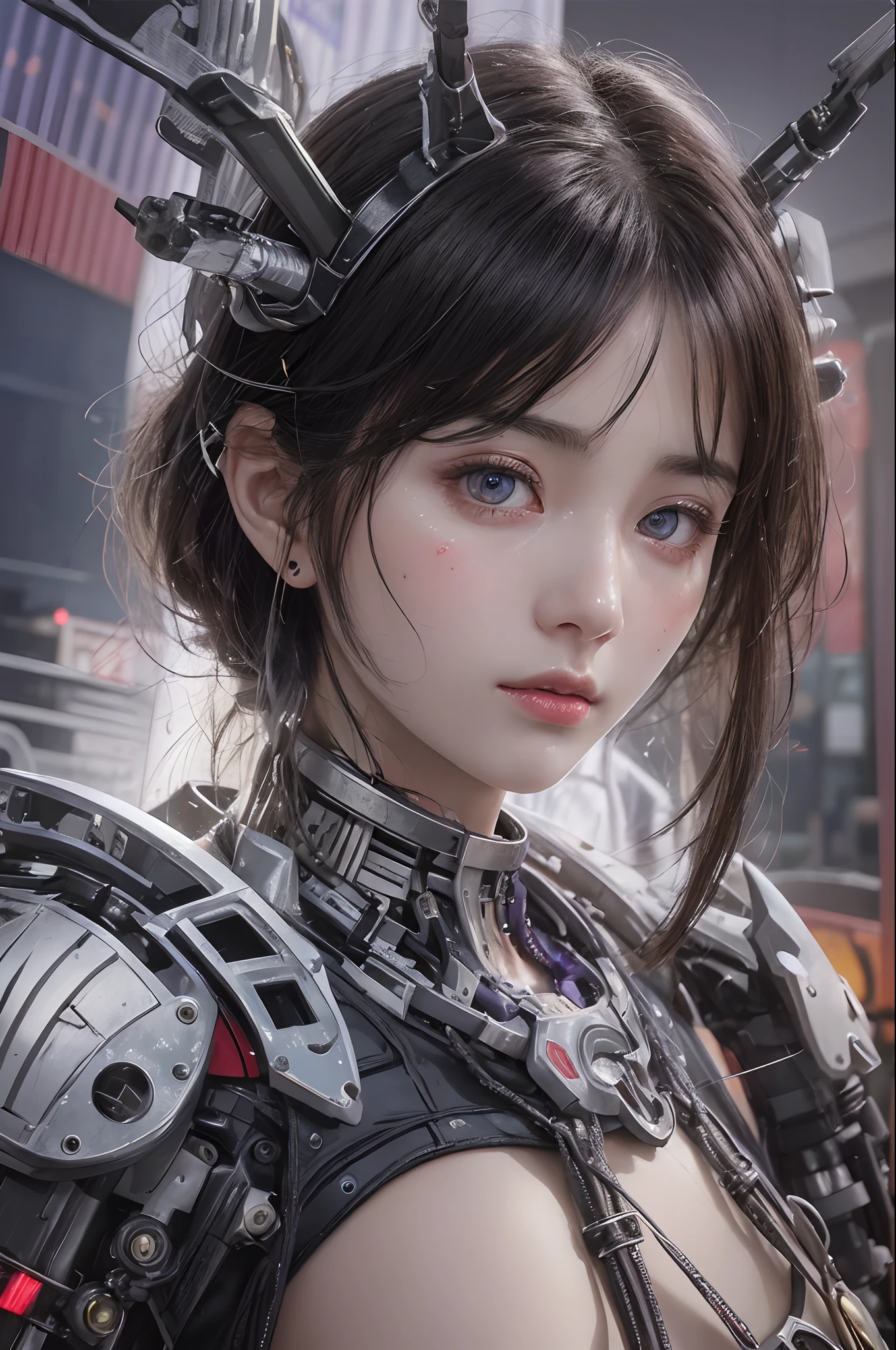Top Quality, Masterpiece, Ultra High Resolution, (Photorealistic: 1.4), Raw Photo, 1 Girl, Black Hair, Glossy Skin, 1 Mechanical Girl, (Ultra Realistic Detail)), Portrait, Global Illumination, Shadows, Octane Rendering, 8K, Ultra Sharp, Big, Cleavage Exposed Raw Skin, Metal, Intricate Ornament Details, Japan Details, Very intricate details, realistic light, CGSoation trend, purple eyes, glowing eyes, facing the camera, neon details, mechanical limbs, blood vessels connected to the tube, mechanical vertebrae attached to the back, mechanical cervical attachment to the neck, sitting, wires and cables connecting to the head, gundam, small LED lamps,