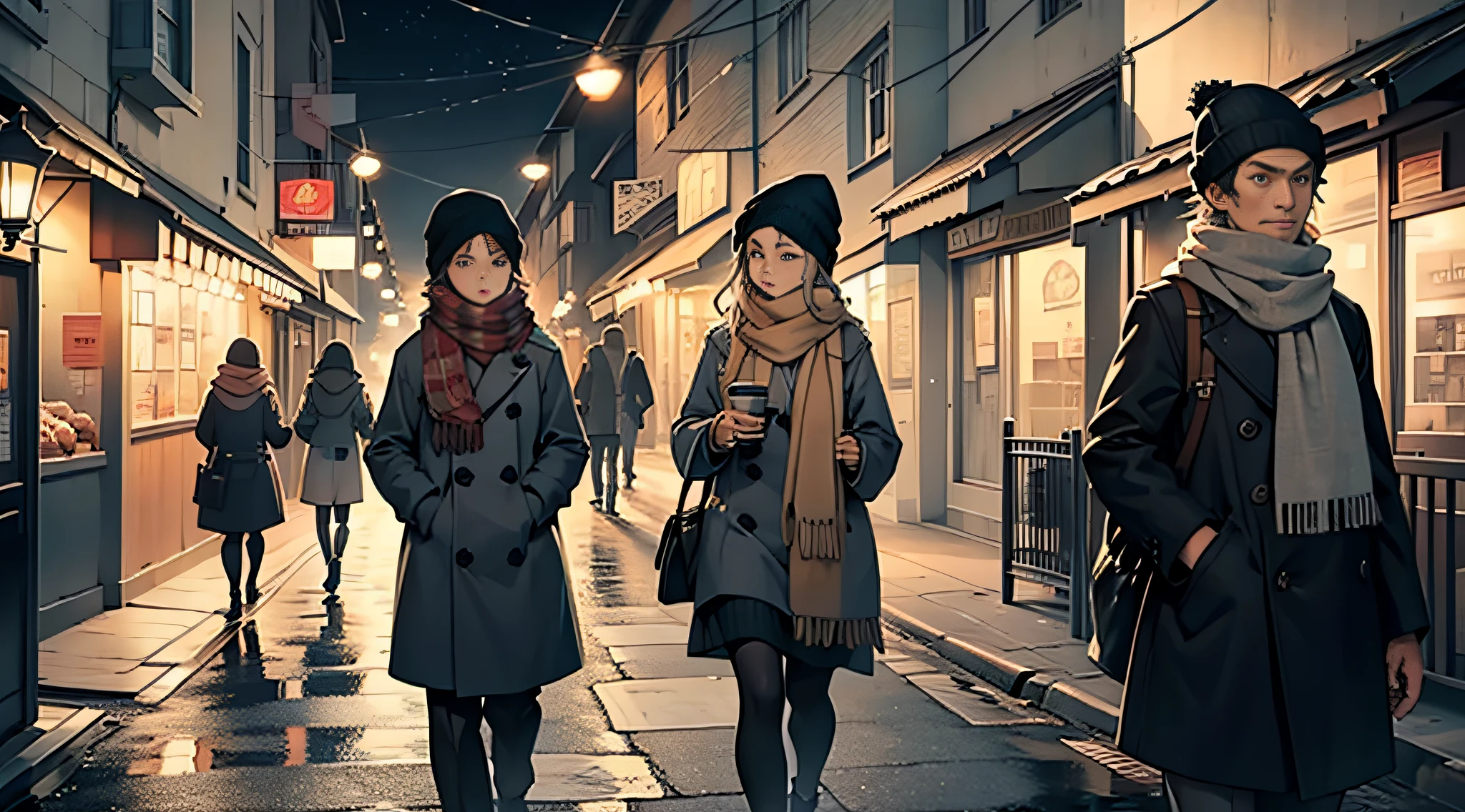 Scene: Cold evening breeze blows on the quiet street, pedestrians hurriedly passing by, bundled in scarves and hats