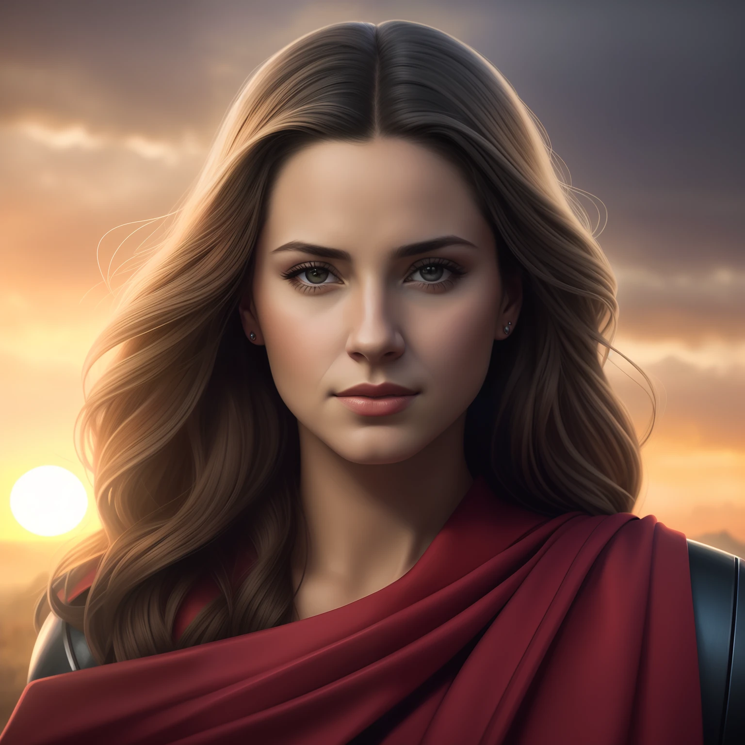 Arafed portrait of a woman with a red cape and a sunset, pintura de personagem bonita, retrato da arte do personagem, retrato do personagem da fantasia, closeup retrato de personagem, retrato de personagem de closeup, Retrato de um mago feminino, Superhero portrait, Cinematic realistic portrait, retrato detalhado do caractere, Epic portrait illustration, retrato vfx altamente detalhado de, arte do retrato do personagem, retrato feminino realista, Retrato de Darna moderno