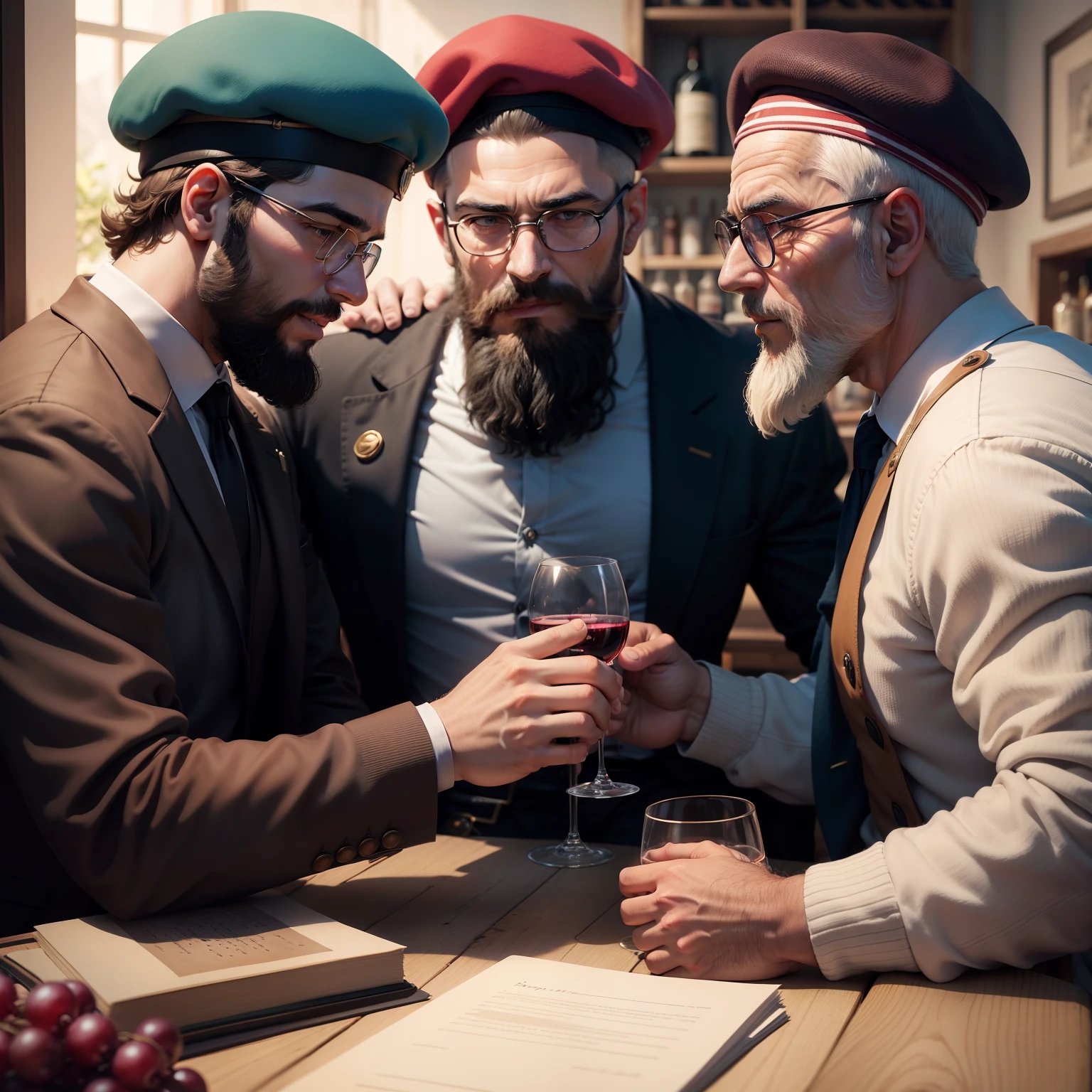 3 homens sentadas numa mesa feita de pedra a rir. 1 deles,jovem com uma barba curta e sem boina a agarrar uma garrafa de vinho, outro, a grandfather who has no beard and with a beret drinking with a glass of wine and a great-grandfather who has no beard and with a beret drinking with a glass of wine.