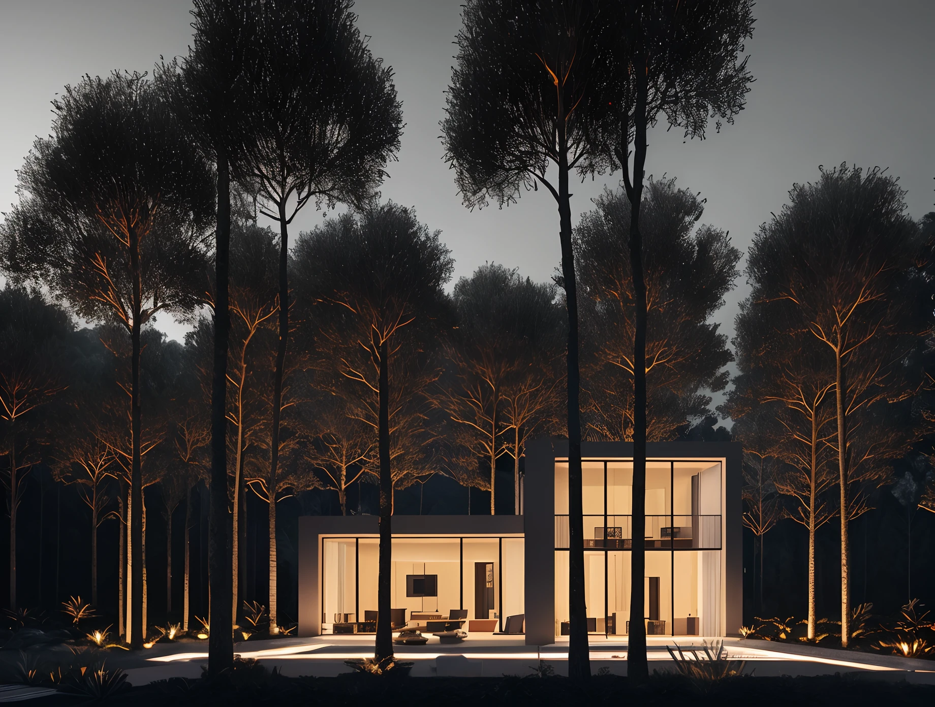 natureza, Epic building in the center, quente, glow at night, cru, hdr, (casa glsass na floresta, reflexos, raytracing: 1.3), cinemactic, Slate Grey, dramatic light, arquitetura minamalista, Aires Mateus, arrozal em frente, pine trees behind