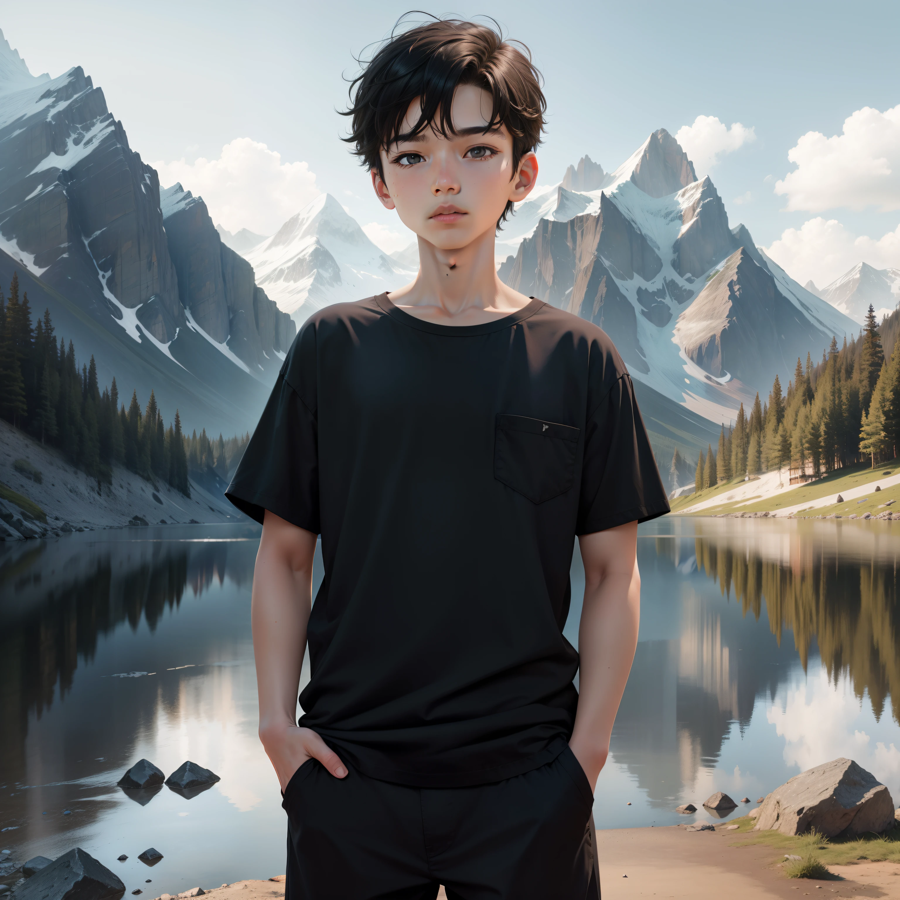 1 boy , background mountains, black shirt , hand in the pocket
