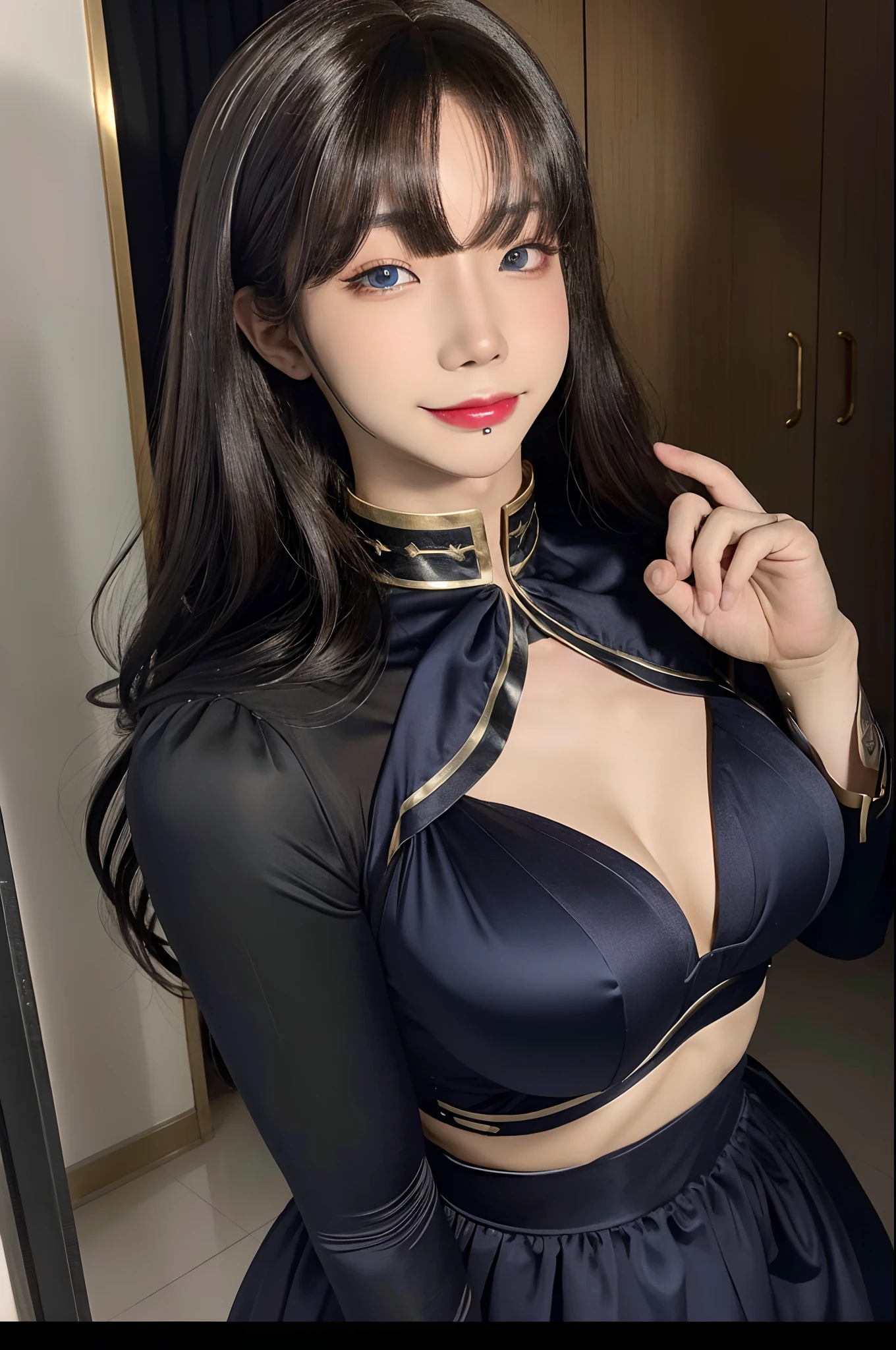 absurderes, 1girll, Medium breast, star eye, (Realistic:1.5), (Masterpiece, the Extremely Detailed CG Unity 8K Wallpapers，Best quality at best，A high resolution:1.2), (Supergianthugebreasts_Detailed, hyper HD:1.2), (Pisif:1.3),lighting perfect，distinctive，（1girll：1.4），（a beauty girl：1.2），looking at viewert，unreal-engine，Sideslit，s the perfect face，详细的脸，By bangs，Perfect body，beautidful eyes，Nice face，（Bright Skin：1.4）， heartthrob, (Abs),  (nabel), 废墟, Dark, the night, Dark aura, closeup cleavage, self-shot, (evilsmile:1.1)