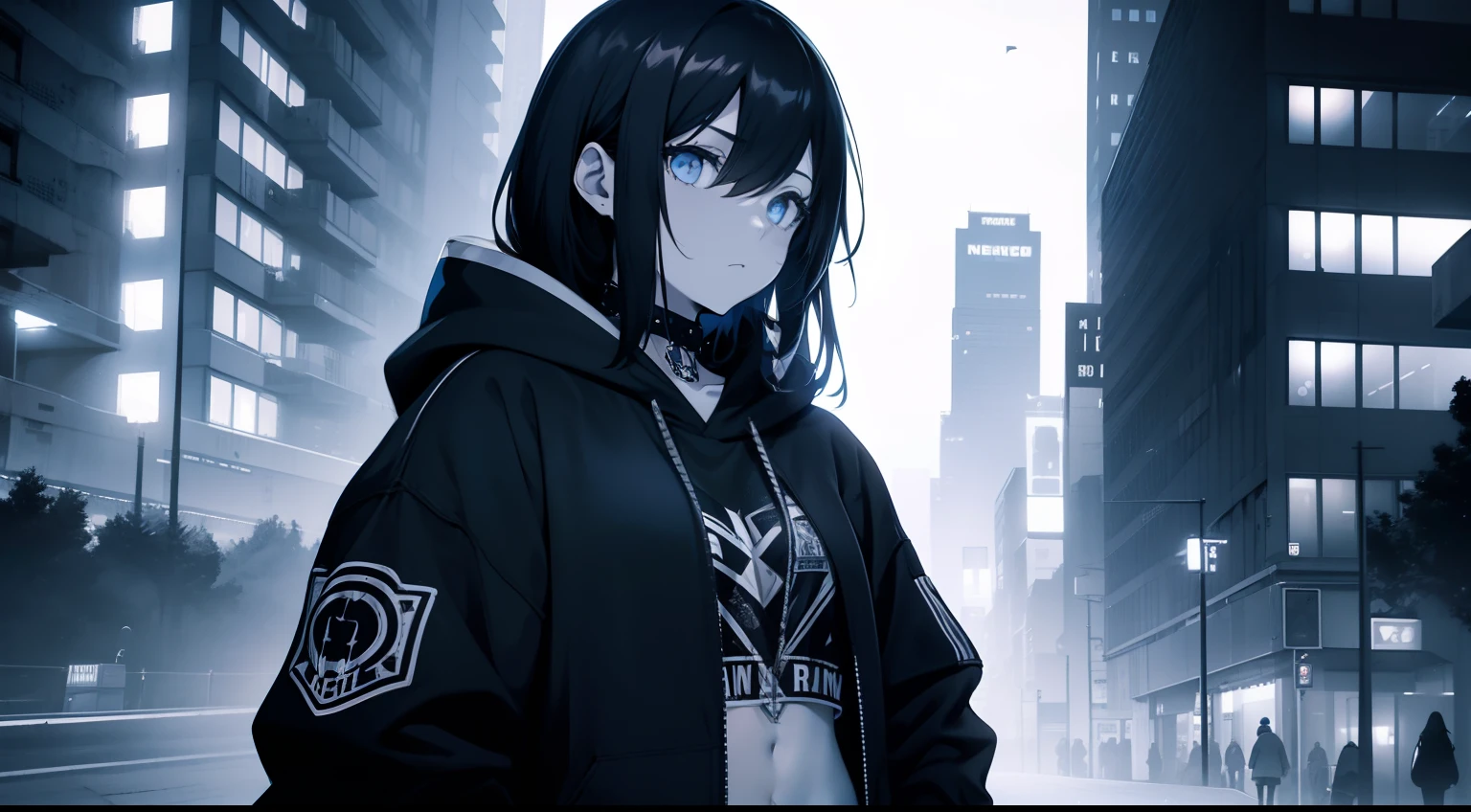 cool girl, punk girl, upper chest shot, monochrome, black, blue, looking away, night city, back ground in black, hoodie, line of site of girl straight to the facing direction, from side, Looking away