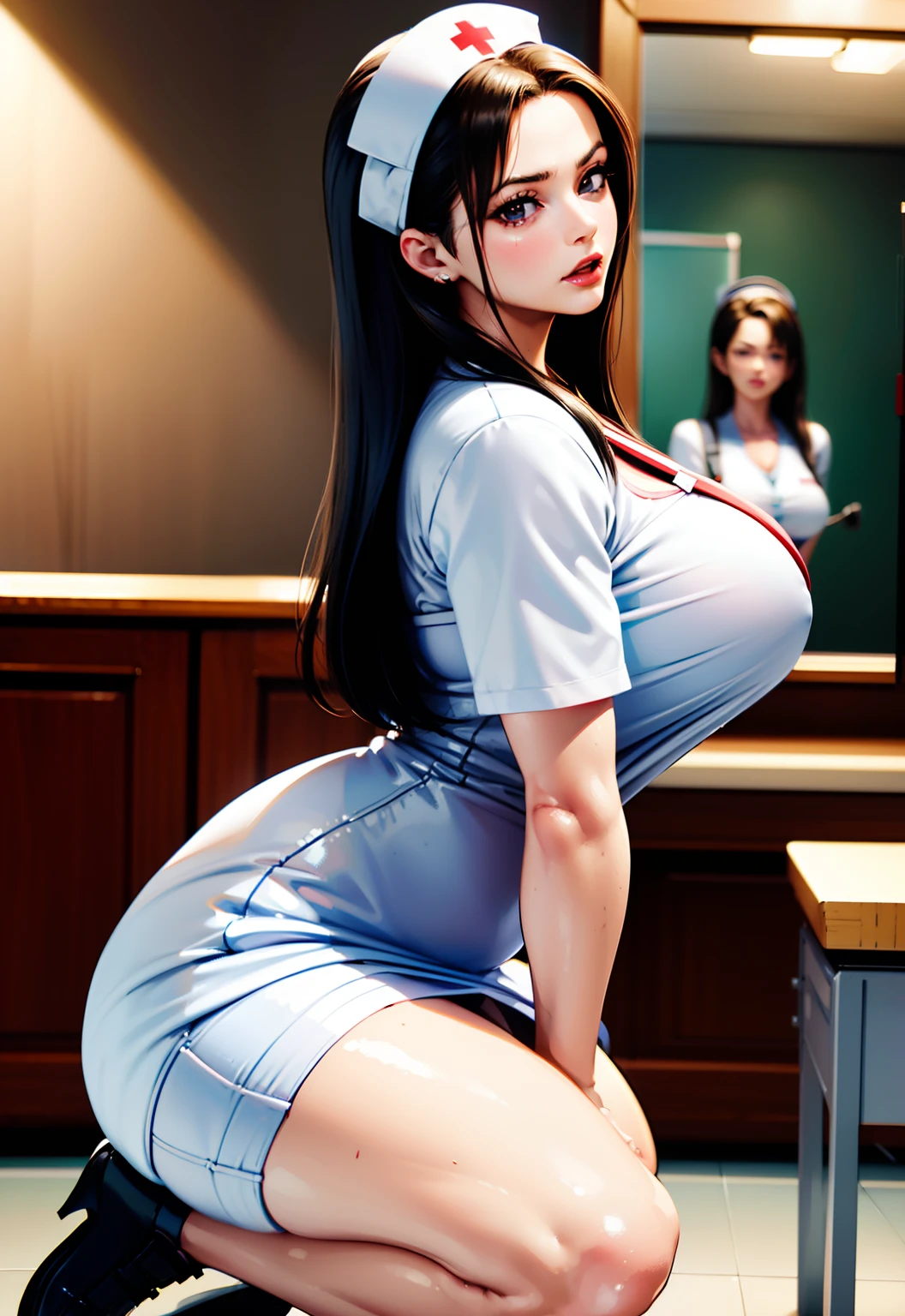 arafed woman in a nurse uniform is posing in front of a mirror, hyperrealistic schoolgirl, seductive anime girl, tifa lockhart, [ 4 k digital art ]!!, a hyperrealistic schoolgirl, photorealistic perfect body, beautiful anime girl squatting, smooth anime cg art, realistic anime 3 d style, nurse girl, trending on cgstation