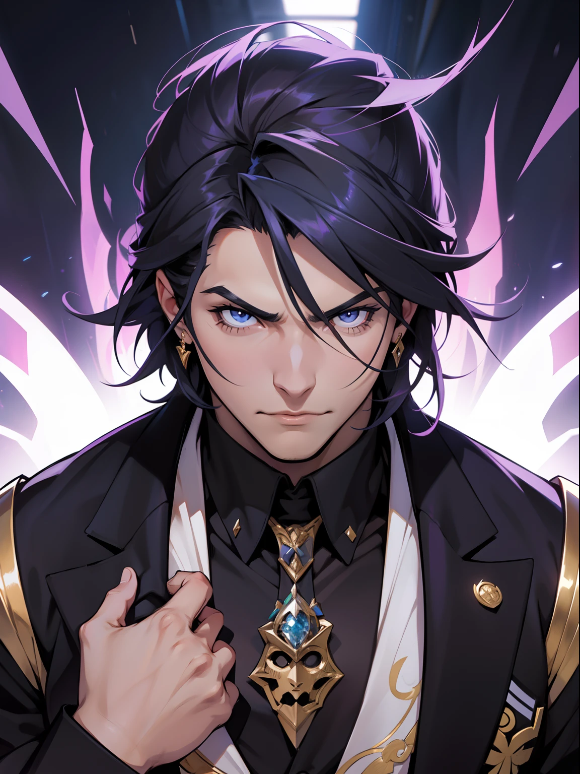 A unique character, with villain characteristics, joven alto, ropa formal, elegante, cabello color plateado, Ceria expression, que imponga respeto, anime, estilizado, detallado, alta calidad.