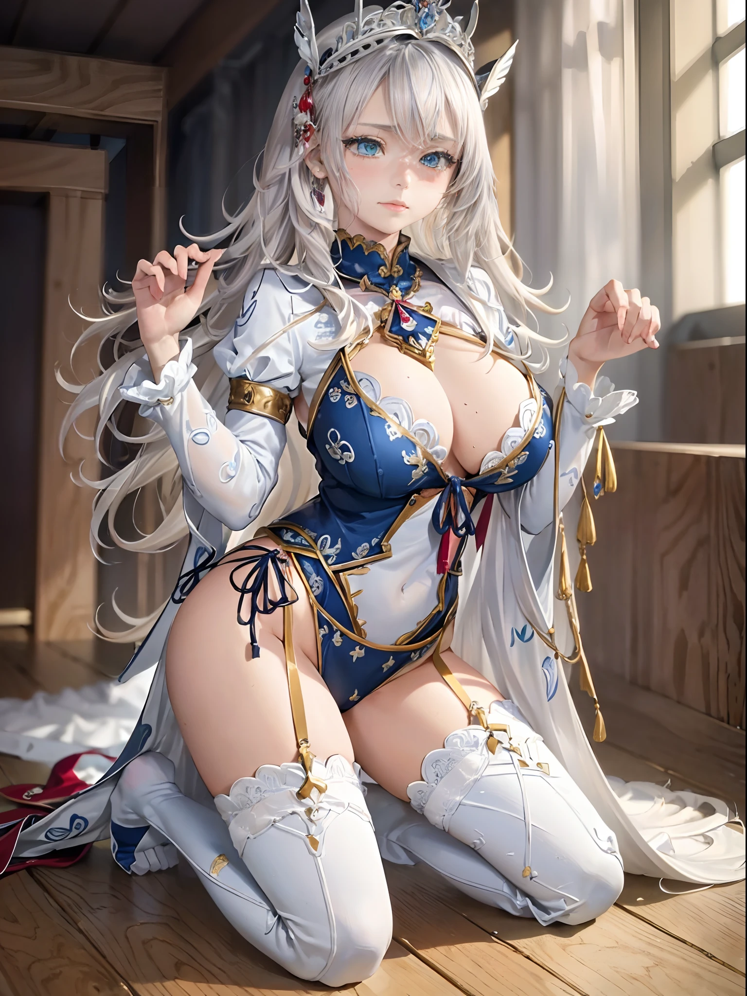 (Enrich the picture，Masterpiece level quality）Beautiful 8K CG artwork，Goddess-like posture，Kneeling exercise，Slim and soft，Translucent skin，White hair、The beauty of extra-long hair, Super Long Straight Hair，The skin is fair and juicy，Underwear uniforms，Perspective Part 1.2x enhanced silhouette effect，Exquisite transparent blues pattern in pajamas，The details are intricate and exquisite，The background is slightly blurred，Charming and lustful leg seduction，Drool，Extra-large big breasts，Blush，Japan goddess，Perfect body slim curves，five fingers on the hand，