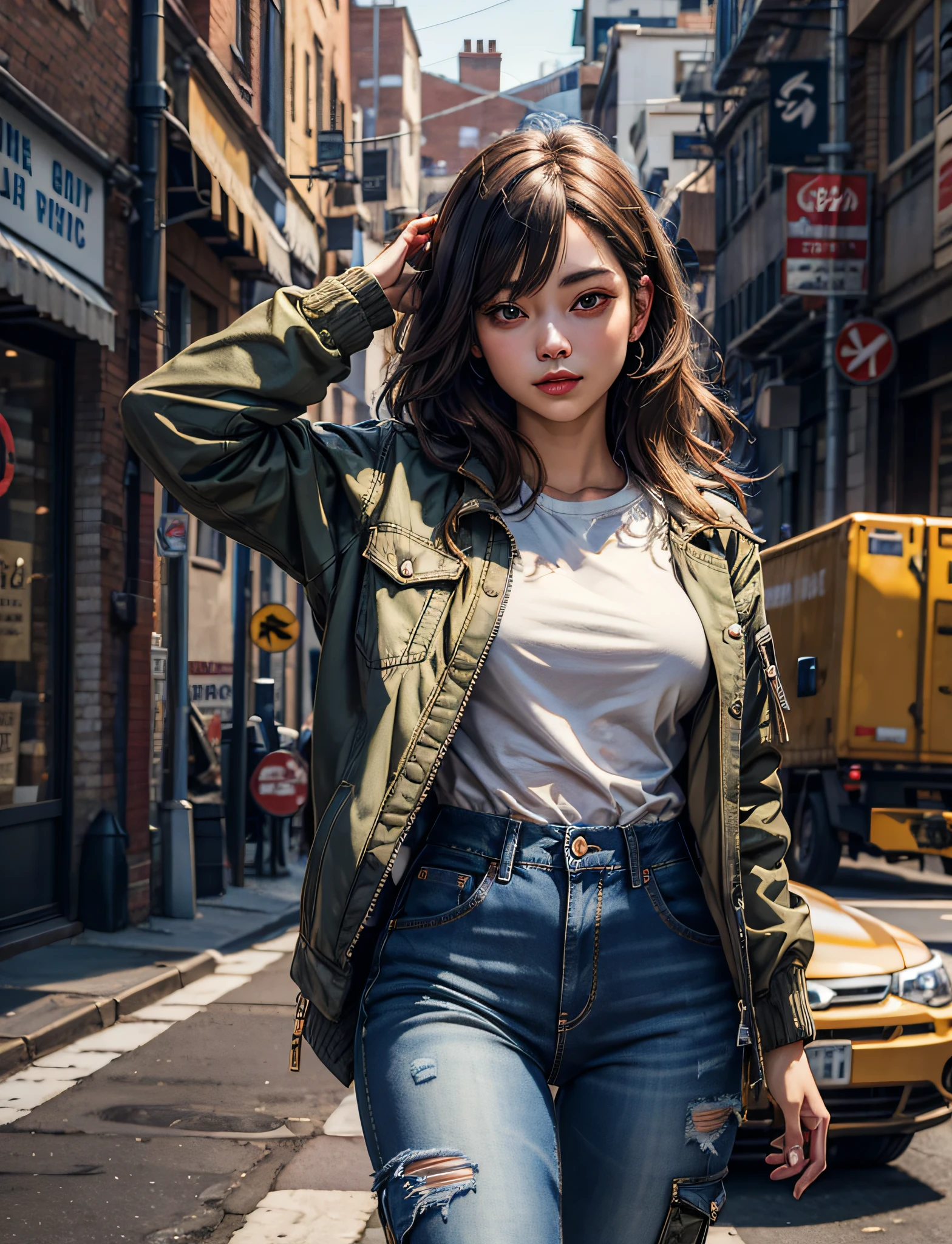 ((masterpiece)), ((best quality)), (ultra detailed), ((extremely detailed)), 4K, (8K), best quality, extremely beautiful 1girl, long hair, beautiful eyes, cargo jeans , Streetwear, open jacket, (cute), extremely detailed game CG, face, face shield, assault rifle, battlefield