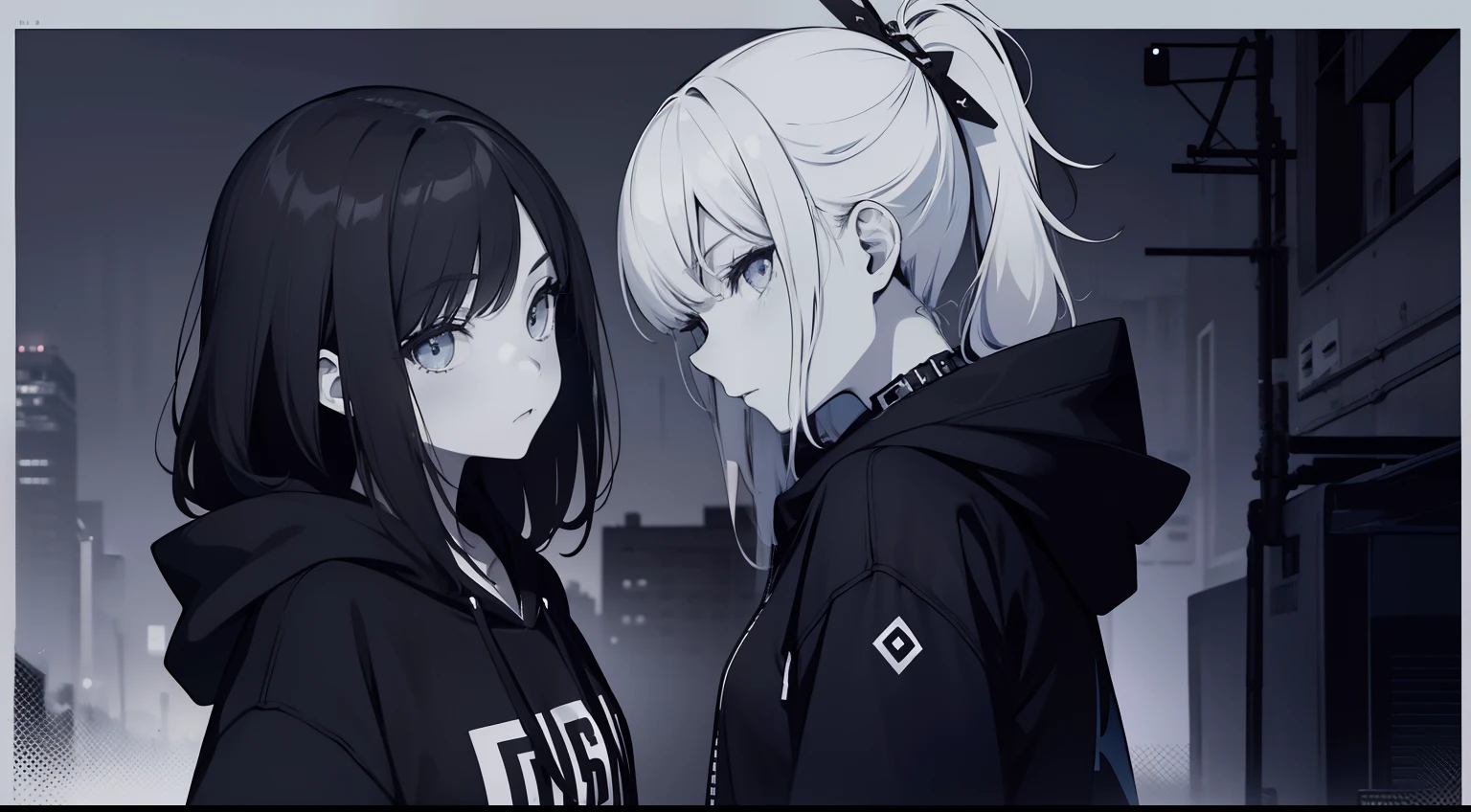 cool girl, punk girl, upper chest shot, monochrome, black, blue, back ground in black, hoodie, line of site of girl straight to the facing direction, from side, looking distantly