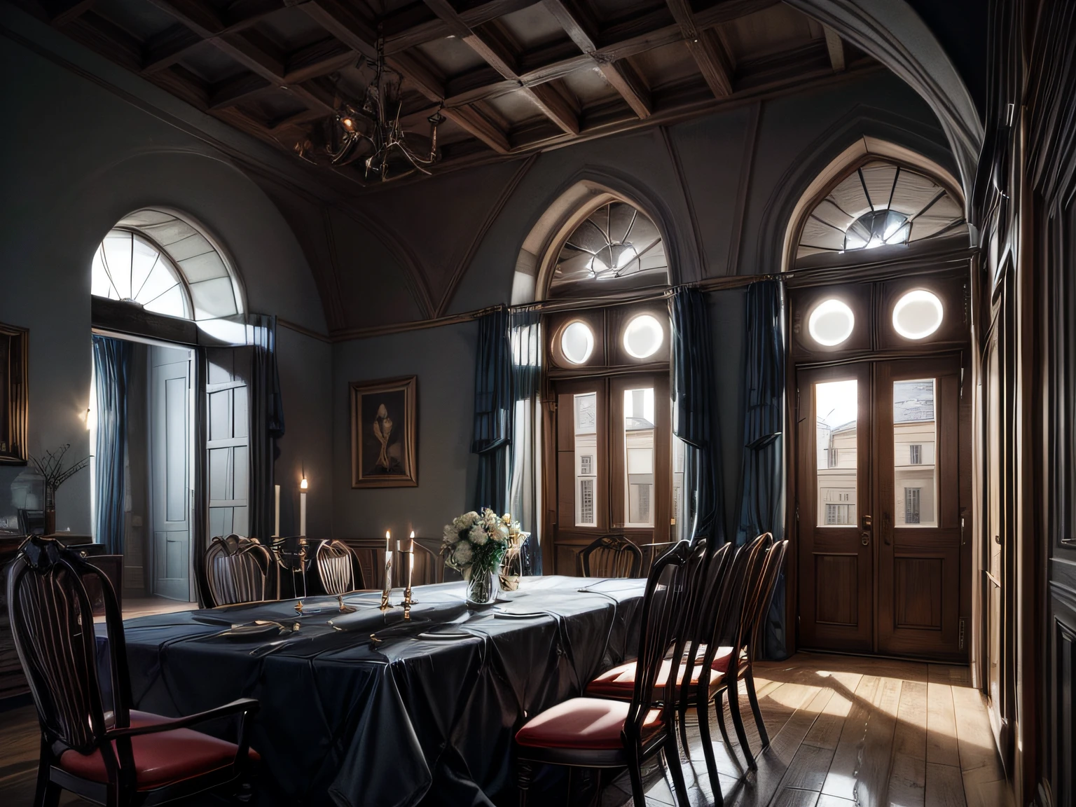 Um interior de casa medieval mas sofisticado com mesa de jantar com um banquete luxuoso e cheio de comida, para ppoucas pessoas com um design limpo, Gloomy landscape through the window, A perfect blend of aesthetics, e uma grande lareira ao fundo.