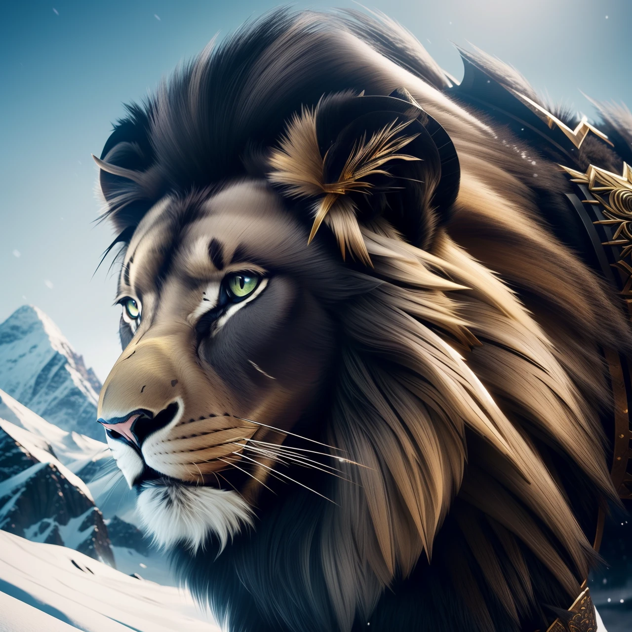 snowy mountains, (black lion:1.2), (golden lion armor:1.1), incredible detail, highly detailed, composition, ultra-detailed, film photography, light leaks, trending on artstation, sharp focus, studio photo, intricate details, highly detailed, trending on artstation, sharp focus, studio photo, intricate details, highly detailed,