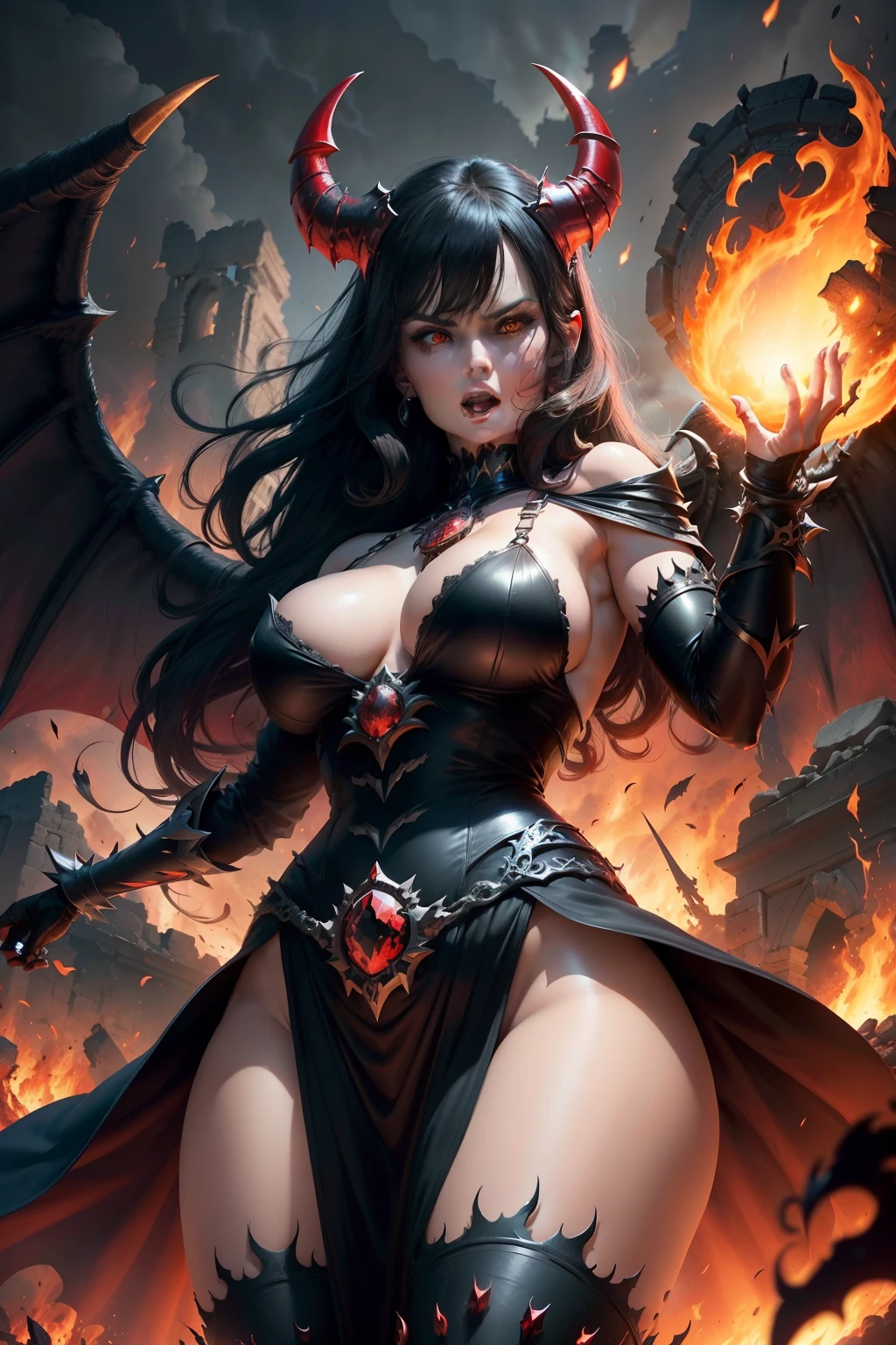 Ultra-detailed Lisa Ann stands atop a pile of burning ruins, Her diabolical and insidious presence radiating from her dark crown and black and red evil queen dress........ Her demon wings on her back and demon horn give her an invincible aura as she unleashes a powerful wave of destruction with a single gesture..............