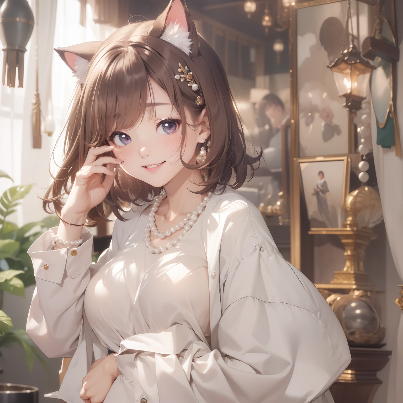 (top-quality、8K、32K、​masterpiece、nffsw:1.2)、A cute Japanese woman、large full breasts、very short bobbed hair、Casket、cat ear、The upper part of the body、(Border Shirt:1.1)、Wide pants、pearls necklace、simple background、Look around、A smile