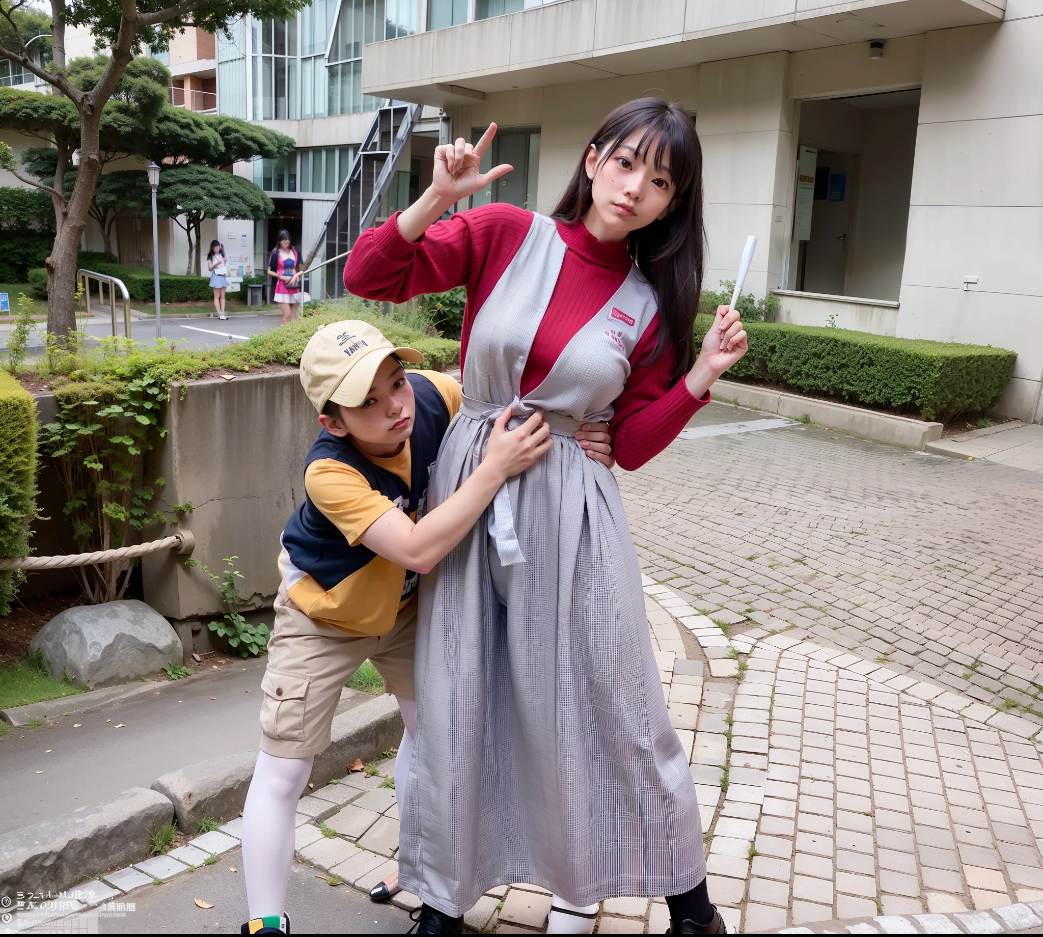 There is a woman and a boy standing in front of the school, 🚿🗝📝, Wearing cheerleading clothes, komono, Poses variadas, 🦩🪐🐞👩🏻🦳, pixivs and junji ito, style of junji ito, shikamimi, By Yasutomo Oka, Yasumoto Oka