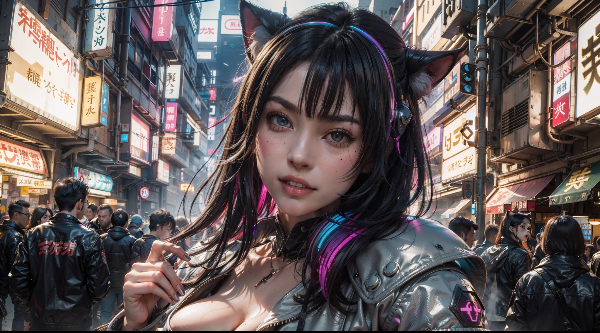 hyperrealistic close up portrait photograph of laughing cyberpunk ebony nekomata catgirl in a crowded Japanese street, large breasts, chubby, wearing white leather jacket and armor, fringe cut and bangs rainbow hairstyle, insane details, detailed designs, glowing colorful circuitry, colorful neon trim, cinematic lighting, rim lighting, f/2.8, art by H.R. Giger, Greg Rutowski