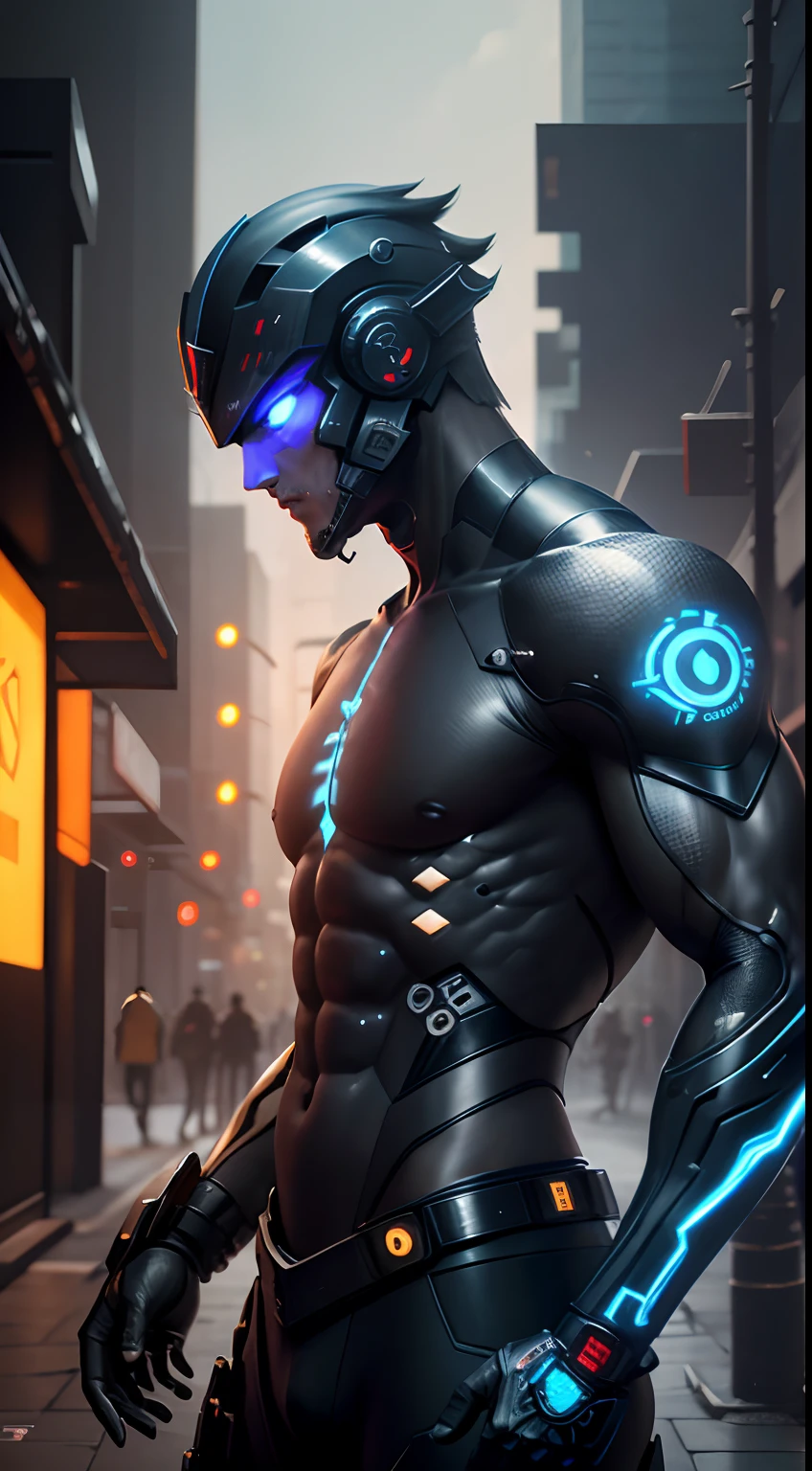 (Ultra resolution 8K), impresionante obra maestra,Cyberpunk Spartan warrior as a titan of the digital age. Dressed in a biomechanical armor of dark and metallic tones, his imposing figure fuses the elegance of ancient Greece with the sophistication of advanced technology.His cybernetic helmet frames a resolute face, in which cybernetic eyes shine with flashes of blue light. Luminescent circuit lines snake through your skin, and digital tattoos change pattern as they connect to the global network. Its robotic limbs glide with deadly precision, while his modified human body exhibits sculpted and streamlined musculature.The warrior wields a sword with a nanotechnology blade, whose edge adapts to each enemy and situation. Your cybernetic pulse synchronizes with data streams, allowing you to foresee enemy movements with lethal accuracy. Fight in the neon alleys of the megacity, donde los destellos de hologramas y anuncios digitales se mezclan con las chispas de sus impactos.This cyberpunk Spartan warrior embodies a unique fusion between ancestral strength and technological innovation. Su presencia inspira respeto y asombro, Reminding everyone that even in the machine age, The indomitable essence of the warrior continues to burn in his heart of metal and flesh. (Quality lighting)