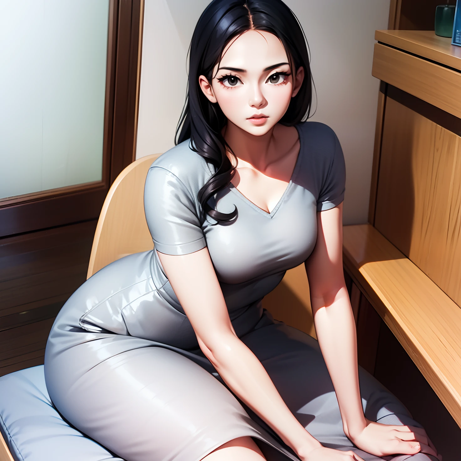 araffe woman in a gray dress sitting on a chair, asian girl, an asian woman, asian women, 2 2 years old, lovely woman, she is about 3 0 years old, she is about 30 years old, beautiful asian girl, she is about 2 5 years old, she is about 2 0 years old, she is about 20 years old