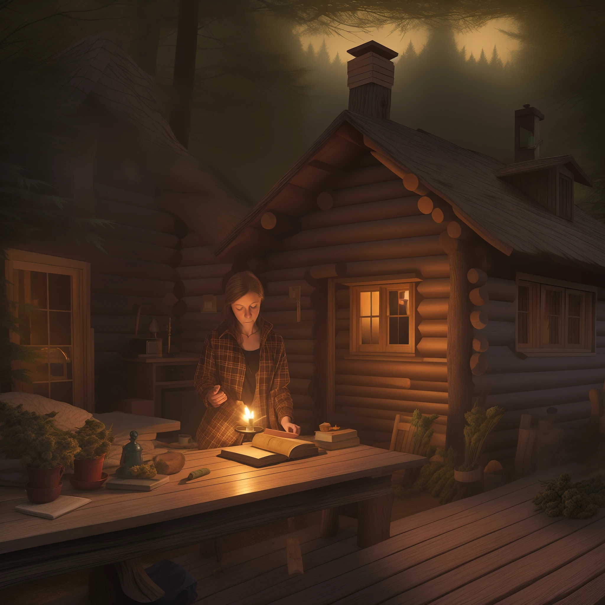 As dusk settled over the rolling hills of Reed City, Jlah entered the cozy log cabin she had discovered and set down her explorer's pack. She dug out her treasured marijuana and Bible, laying them gently on the wooden table. Sighing deeply, she removed her plaid coat and lit an oil lamp, basking the room in a warm, flickering glow.