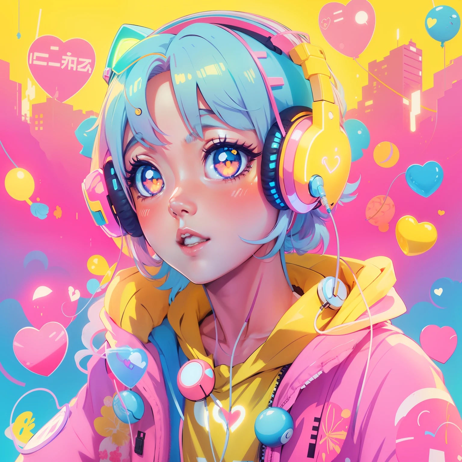 kawaii menina anime, menina coreana , bright eyes heart in eyes, amarelo neon, cores rosa e azul pastel, cabelo platinado curto, bolha chiclete, Floating neon hearts, headphones on head, cyberpunk bonito
