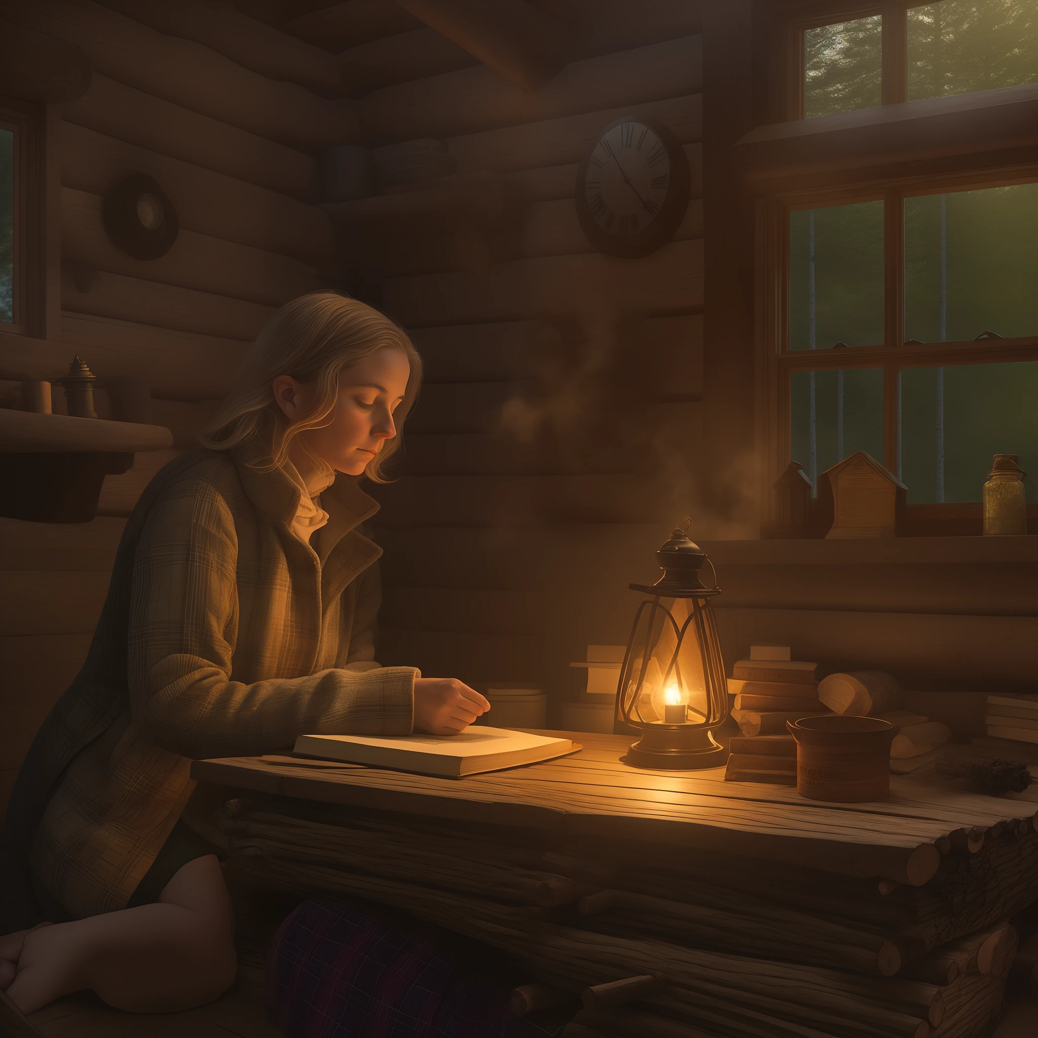 As dusk settled over the rolling hills of Reed City, Jlah entered the cozy log cabin she had discovered and set down her explorer's pack. She dug out her treasured marijuana and Bible, laying them gently on the wooden table. Sighing deeply, she removed her plaid coat and lit an oil lamp, basking the room in a warm, flickering glow.
