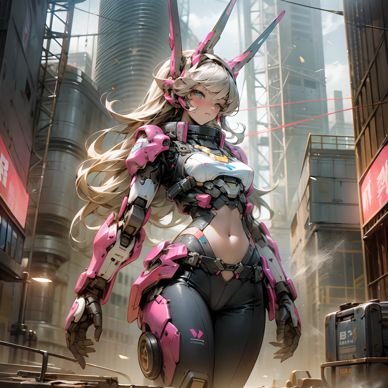 (outstanding, professional, surreal), towering buildings rise from the ground to form a magnificent landscape of the futuristic city. In the center of the picture, a huge and magnificent robot mech stands tall. Its pink metal shell shimmers, and the delicate textures and intricate lines of the robot mech outline its high-tech figure. The robot mech is tall, exuding an unparalleled sense of majesty and power. The robot mech has bright LED lights embedded in its shoulders, flashing in various bright colors, like the bright stars of the future city. Its arms are equipped with powerful energy weapons and are ready to meet the challenges of battle. Standing next to the robot, we see a striking teenage girl. She wears a black leather jacket and close-fitting black stockings, highlighting her perfect figure. The texture of the black leather jacket contrasts with the metallic texture of the robot, showing a unique visual effect. The girl's firm and resolute eyes show that she is fearless, (the girl is in good shape, wearing leather clothes, showing her navel, medium breasts, and clear facial details)