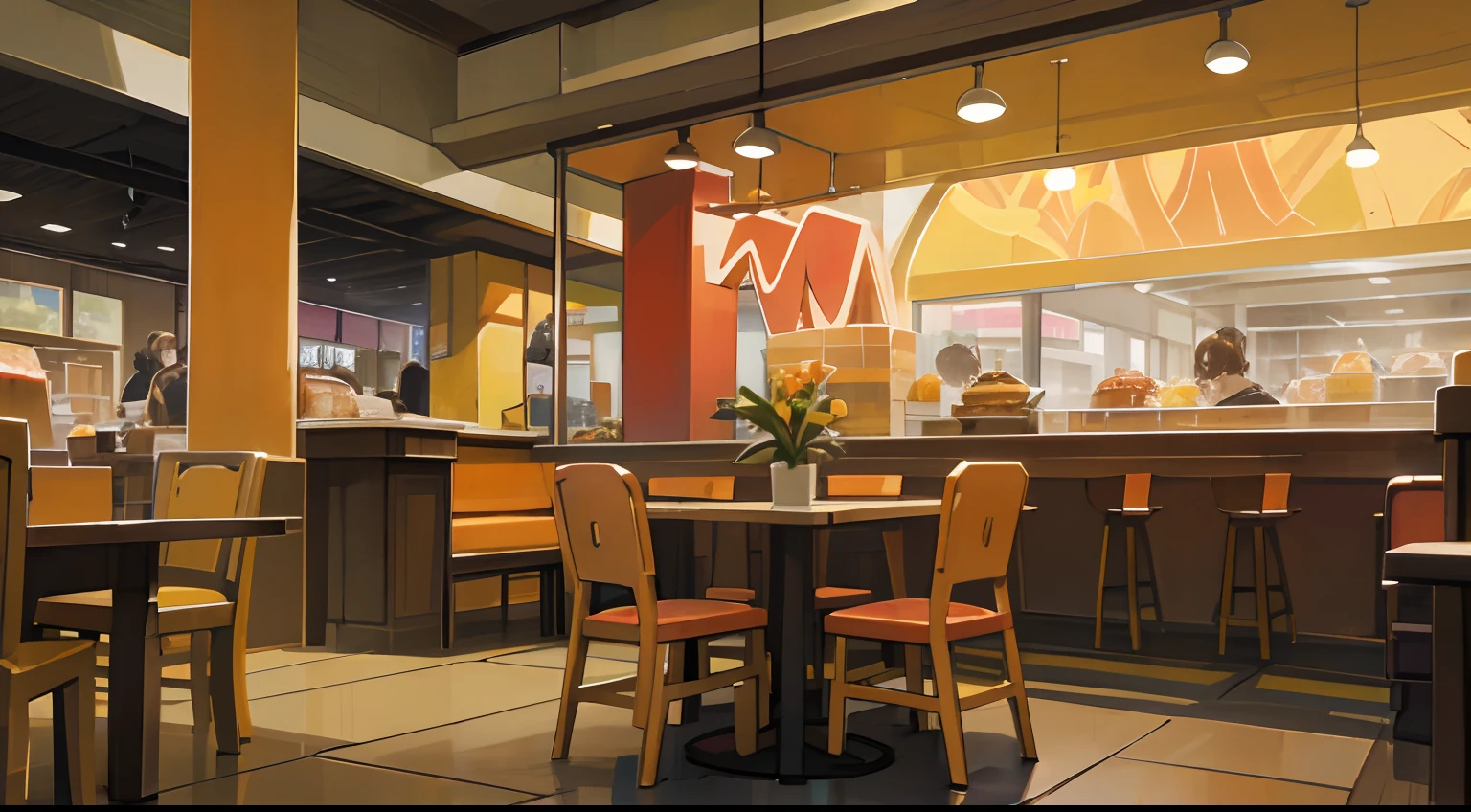 cozy and vibrant indoor area of McDonald's, with cozy tables and counters, juicy and delicious burgers, em harmonia com uma atmosfera alegre e acolhedora. Cores vibrantes de vermelho, amarelo e marrom criam um ambiente convidativo.