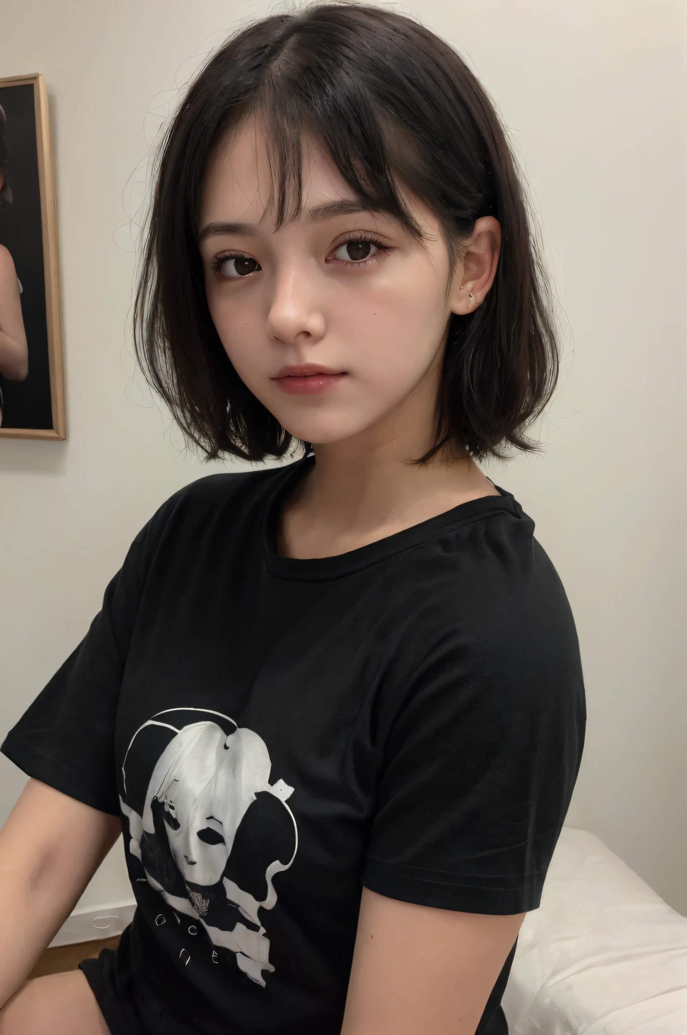 (64k, RAW photo, best quality, masterpiece: 1.4),(amateur picture,amateur light),(close up),(realistic,photorealistic:1.2)1girl,cute gothic girl sleeping eyes european girl in black t-shirt(solid shirt),(taking selfie),white girl,(black short hair,messy hair),(black eyes:1.1),cute face