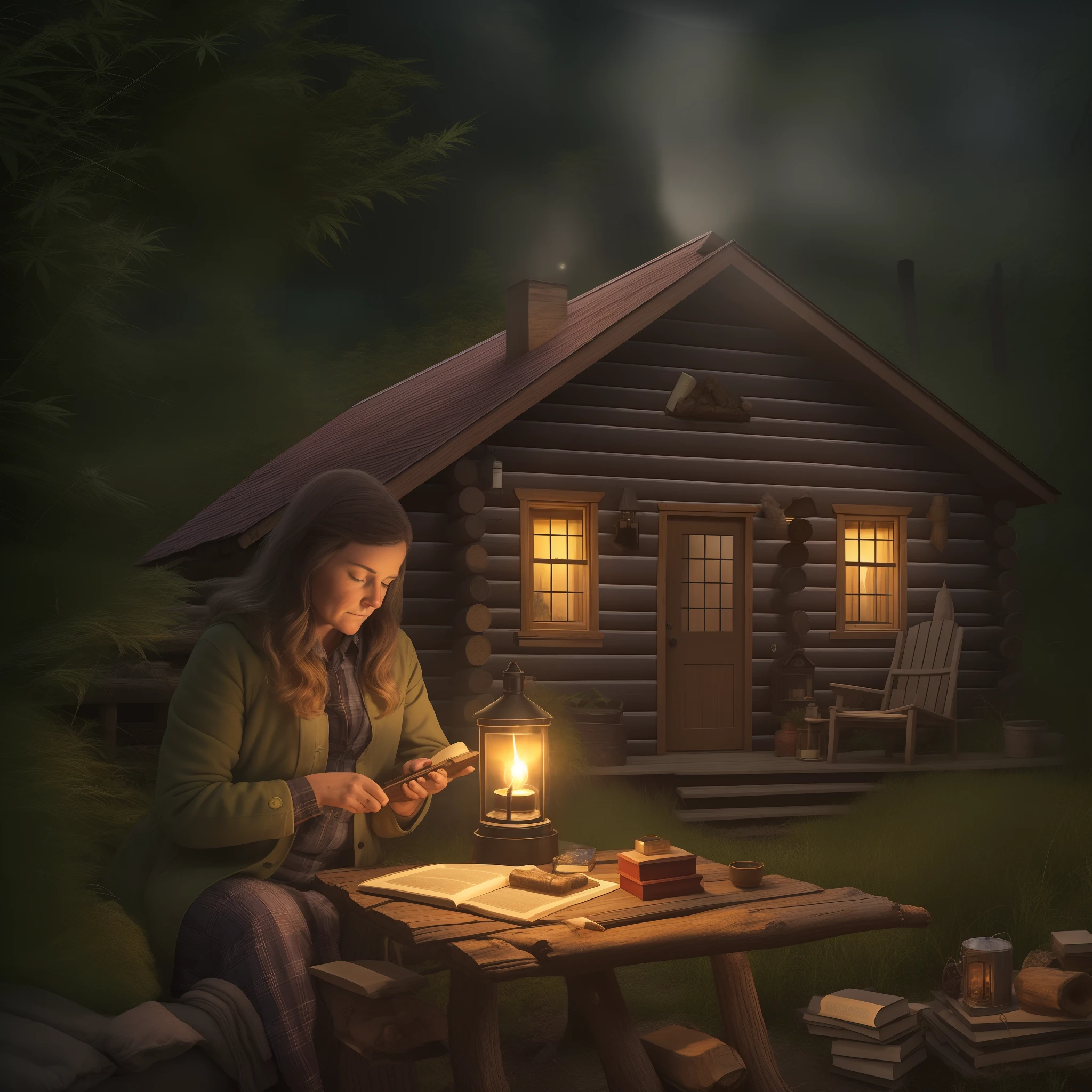 As dusk settled over the rolling hills of Reed City, Jlah entered the cozy log cabin she had discovered and set down her explorer's pack. She dug out her treasured marijuana and Bible, laying them gently on the wooden table. Sighing deeply, she removed her plaid coat and lit an oil lamp, basking the room in a warm, flickering glow.