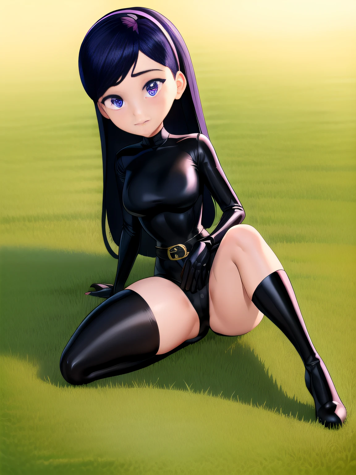 ((La mejor calidad)), ((Altamente detallado)), obra maestra, (ojos detallados, ojos profundos), (1girl), Perspective distortion, Disparo de vaquero, violetparr, cabello negro, Cabello largo, Hairband, purple eyes, WMASK, traje rojo, guantes, mundo, muslosaltos, Botas de muslo, latex, (in a garden)