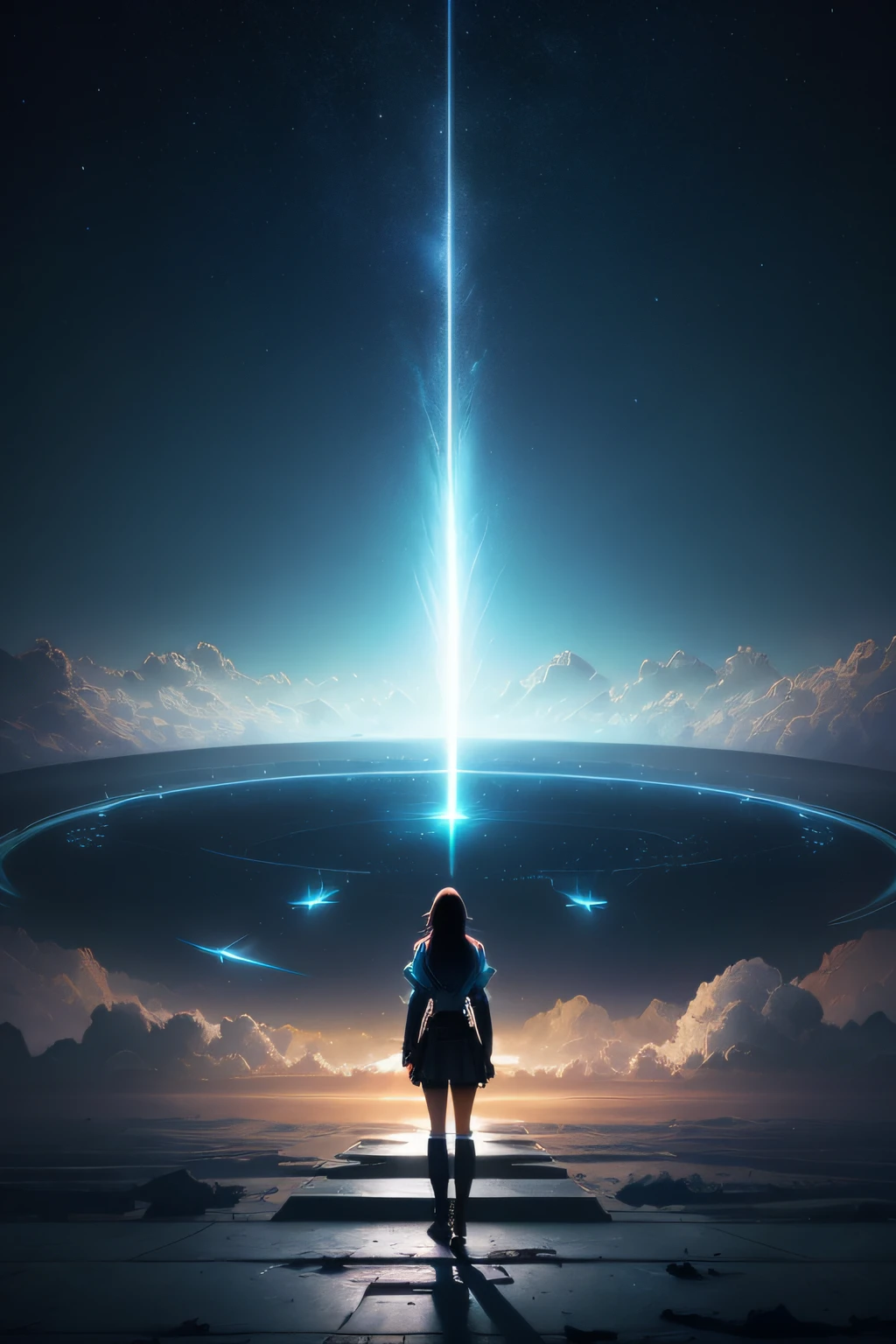 arafed image of a woman standing in front of a large object, jessica rossier fantasy art, inspired by jessica rossier, by jessica rossier, glowing lens flare wraith girl, girl looks at the space, artgem and beeple masterpiece, inspired by Christopher Balaskas, she is approaching heaven, cinematic beeple, magic portal in the sky
