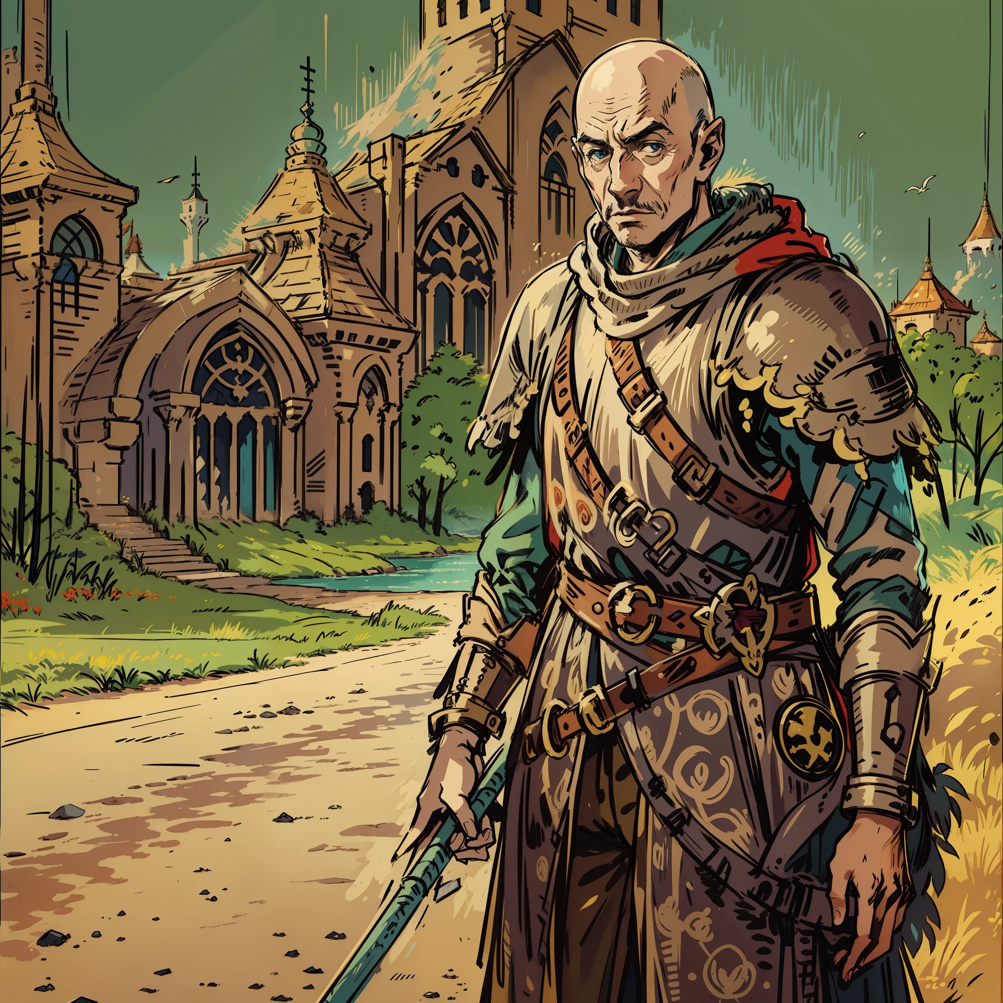 Patrick Stuart, Assistente de Bald, castelo, Personagem de RPG, fantasia medieval, fechar retrato, deserto