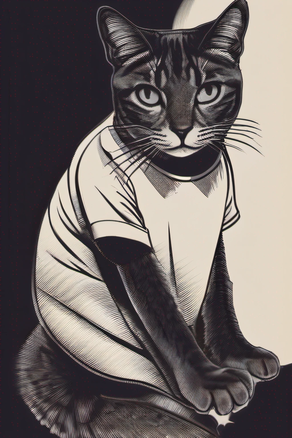 gato roqueiro, usando roupa de roqueiro, t-shirt design, 2d, imagem centralizada, fundo gradiente preto