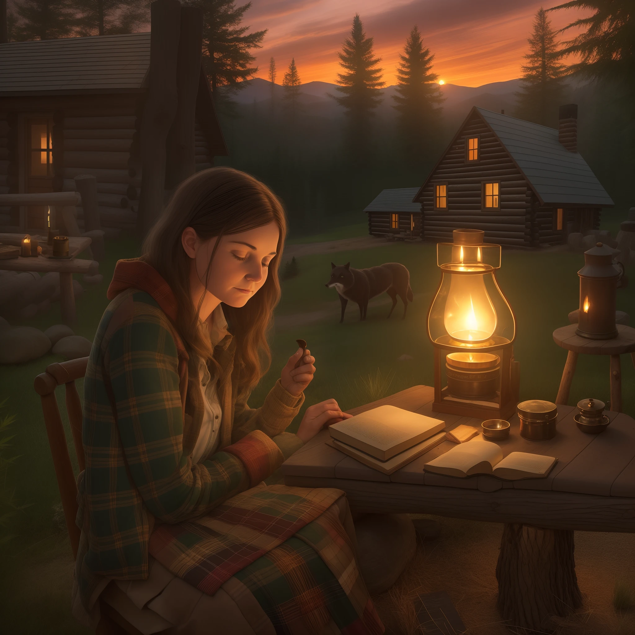 As dusk settled over the rolling hills of Reed City, Jlah entered the cozy log cabin she had discovered and set down her explorer's pack. She dug out her treasured marijuana and Bible, laying them gently on the wooden table. Sighing deeply, she removed her plaid coat and lit an oil lamp, basking the room in a warm, flickering glow.