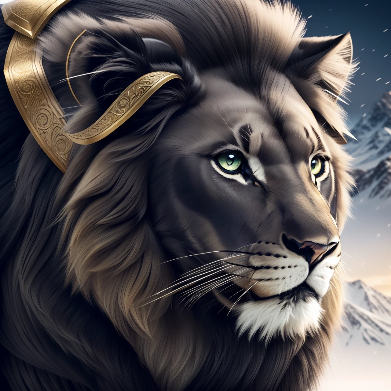 snowy mountains, (black lion:1.2), (golden lion armor:1.1), incredible detail, highly detailed, composition, ultra-detailed, film photography, light leaks, trending on artstation, sharp focus, studio photo, intricate details, highly detailed, trending on artstation, sharp focus, studio photo, intricate details, highly detailed,