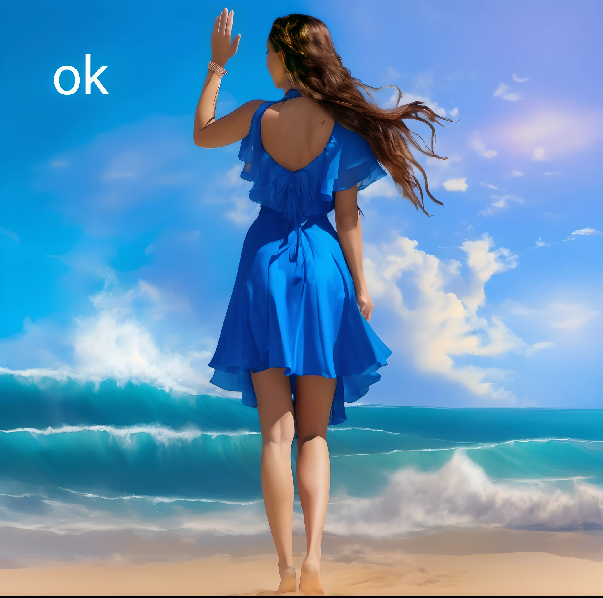 Mujer vestida de azul caminando por la playa con olas de fondo, cielo - vestido azul, en la playa, Imagen mejorada de 16k, con un vestido azul, con vestido azul, oktane, oktane render, con fondo azul, en una playa, Hermosa chica en el horizonte, wearing a plastic blue dress, girl looking at the ocean waves