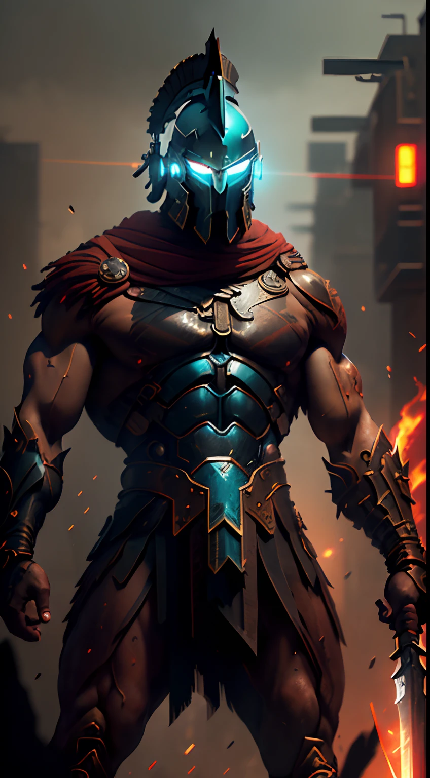 (Ultra resolution 8K), impresionante obra maestra,Cyberpunk Spartan warrior as titan of the digital age. Dressed in biomechanical armor of dark and metallic tones, his imposing figure fuses the elegance of ancient Greece with the sophistication of advanced technology.His cybernetic helmet frames a resolute face, in which cybernetic eyes glow with flashes of blue light. Luminescent circuit lines snake through your skin, And digital tattoos change pattern as they connect to the global network. Its robotic limbs glide with deadly precision, while its modified human body exhibits sculpted and streamlined musculature.The warrior wields a sword with a nanotechnology blade, whose advantage adapts to each enemy and situation. Your cybernetic pulse synchronizes with data streams, allowing you to foresee enemy movements with lethal accuracy. Fight in the neon alleys of the megacity, donde los destellos de hologramas y anuncios digitales se mezclan con las chispas de sus impactos.This cyberpunk Spartan warrior embodies a unique fusion between ancestral strength and technological innovation. Su presencia inspira respeto y asombro, Reminding everyone that even in the age of machines, The indomitable essence of the warrior continues to burn in his heart of metal and flesh.