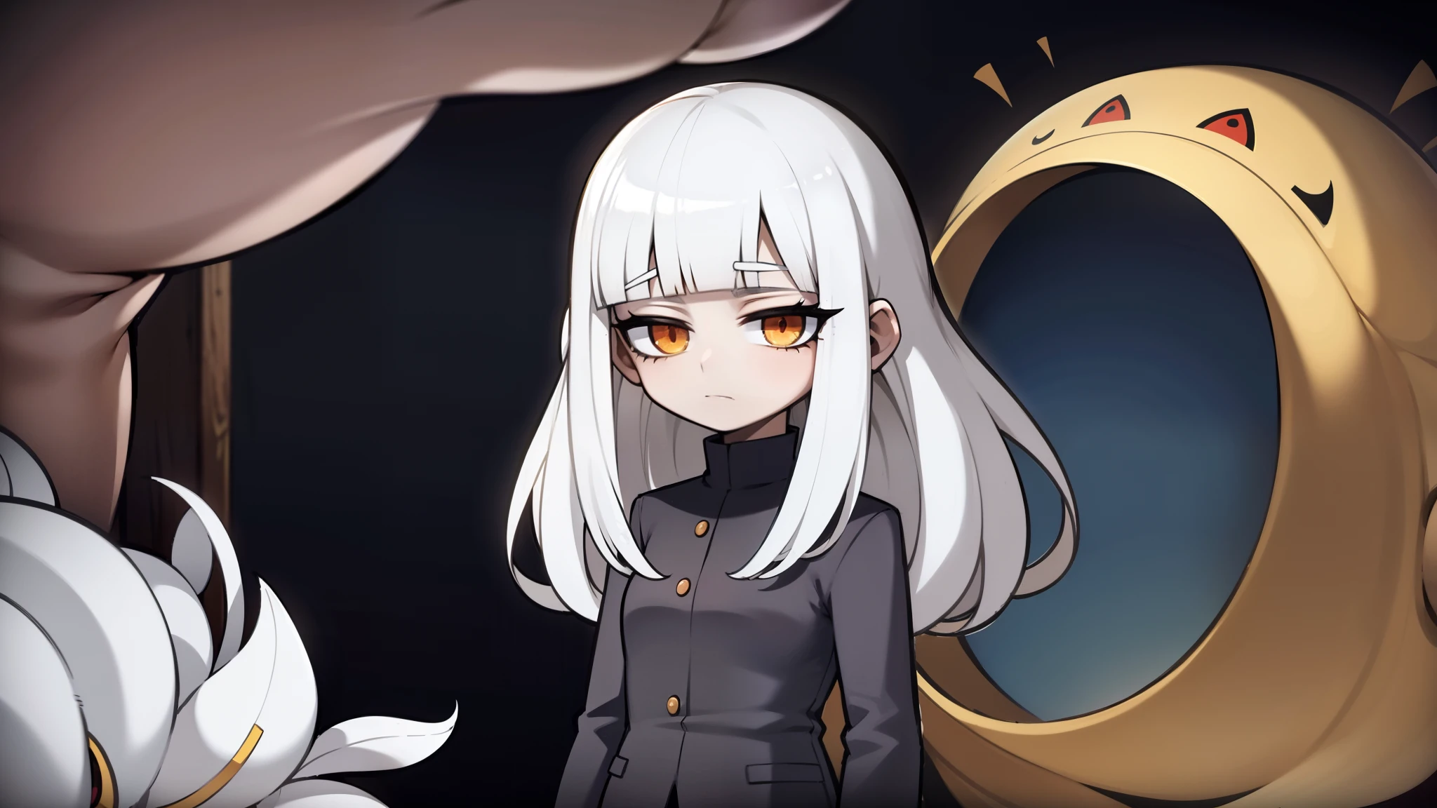 de anime, cabelos brancos na altura dos ombros, features similar to Junji Ito, simetria, olhos azuis, detalhes precisos, cores frias, medo, Dor, ANSIEDADE, Face with neutral expression, hand perfect, Muitos detalhes, artistic work, painel de manga, in a field of lilies