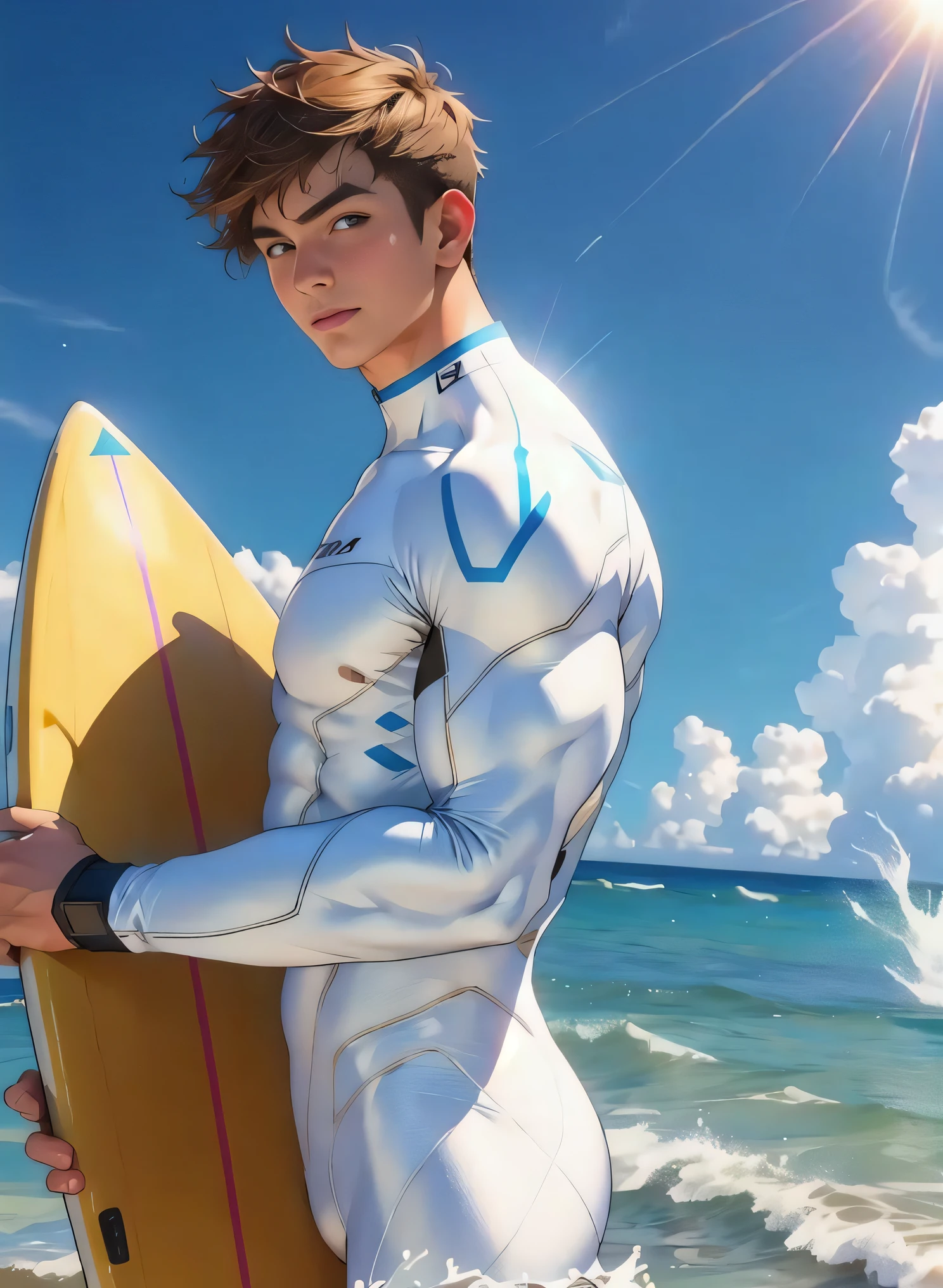1boy,short hair, muscular, brown eyes, looking at viewer, white bodysuit, sunlight, sea waves, ocean, surfing,