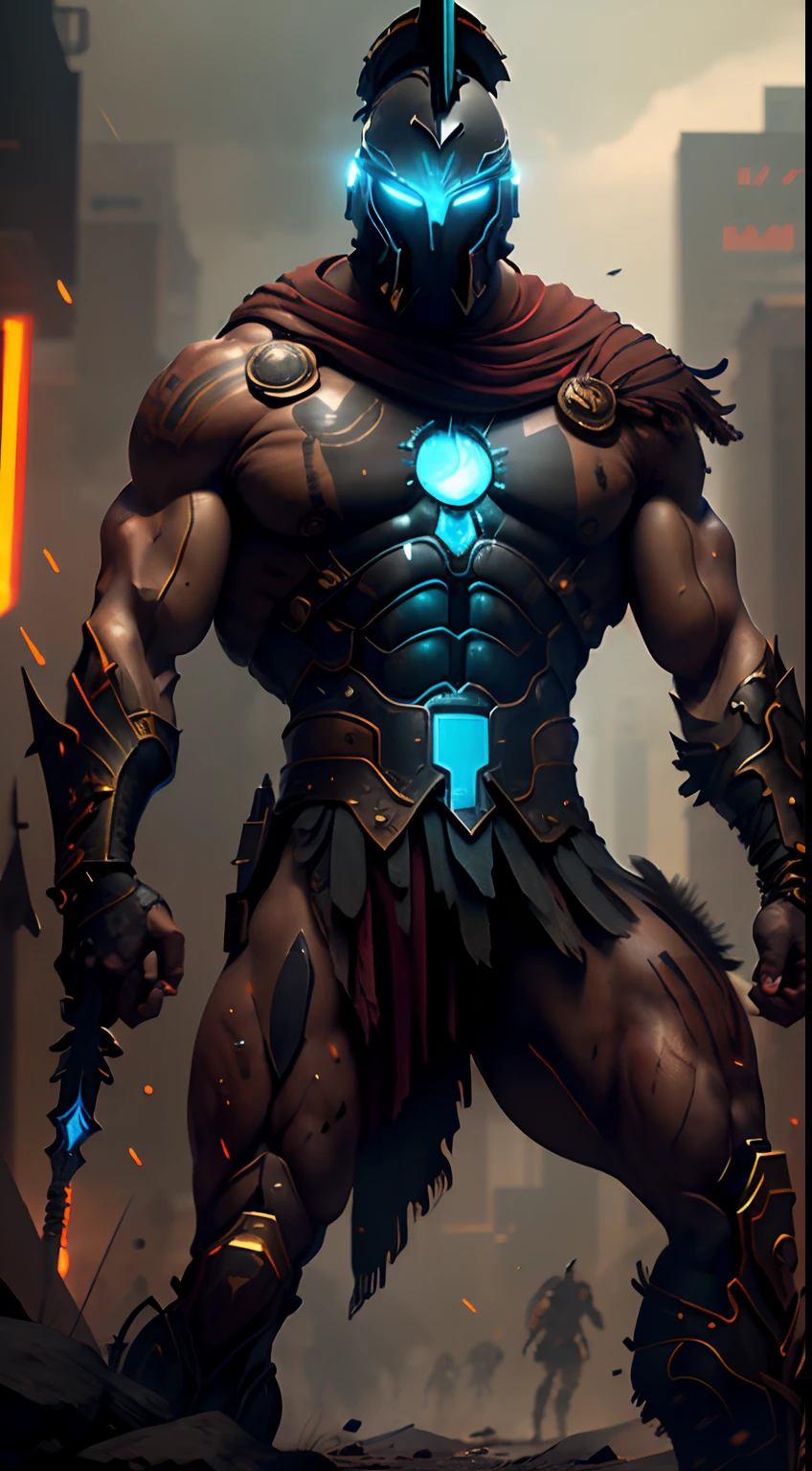 (Ultra resolution 8K), impresionante obra maestra,Cyberpunk Spartan warrior as titan of the digital age. Dressed in biomechanical armor of dark and metallic tones, his imposing figure fuses the elegance of ancient Greece with the sophistication of advanced technology.His cybernetic helmet frames a resolute face, in which cybernetic eyes glow with flashes of blue light. Luminescent circuit lines snake through your skin, And digital tattoos change pattern as they connect to the global network. Its robotic limbs glide with deadly precision, while its modified human body exhibits sculpted and streamlined musculature.The warrior wields a sword with a nanotechnology blade, whose advantage adapts to each enemy and situation. Your cybernetic pulse synchronizes with data streams, allowing you to foresee enemy movements with lethal accuracy. Fight in the neon alleys of the megacity, donde los destellos de hologramas y anuncios digitales se mezclan con las chispas de sus impactos.This cyberpunk Spartan warrior embodies a unique fusion between ancestral strength and technological innovation. Su presencia inspira respeto y asombro, Reminding everyone that even in the age of machines, The indomitable essence of the warrior continues to burn in his heart of metal and flesh.