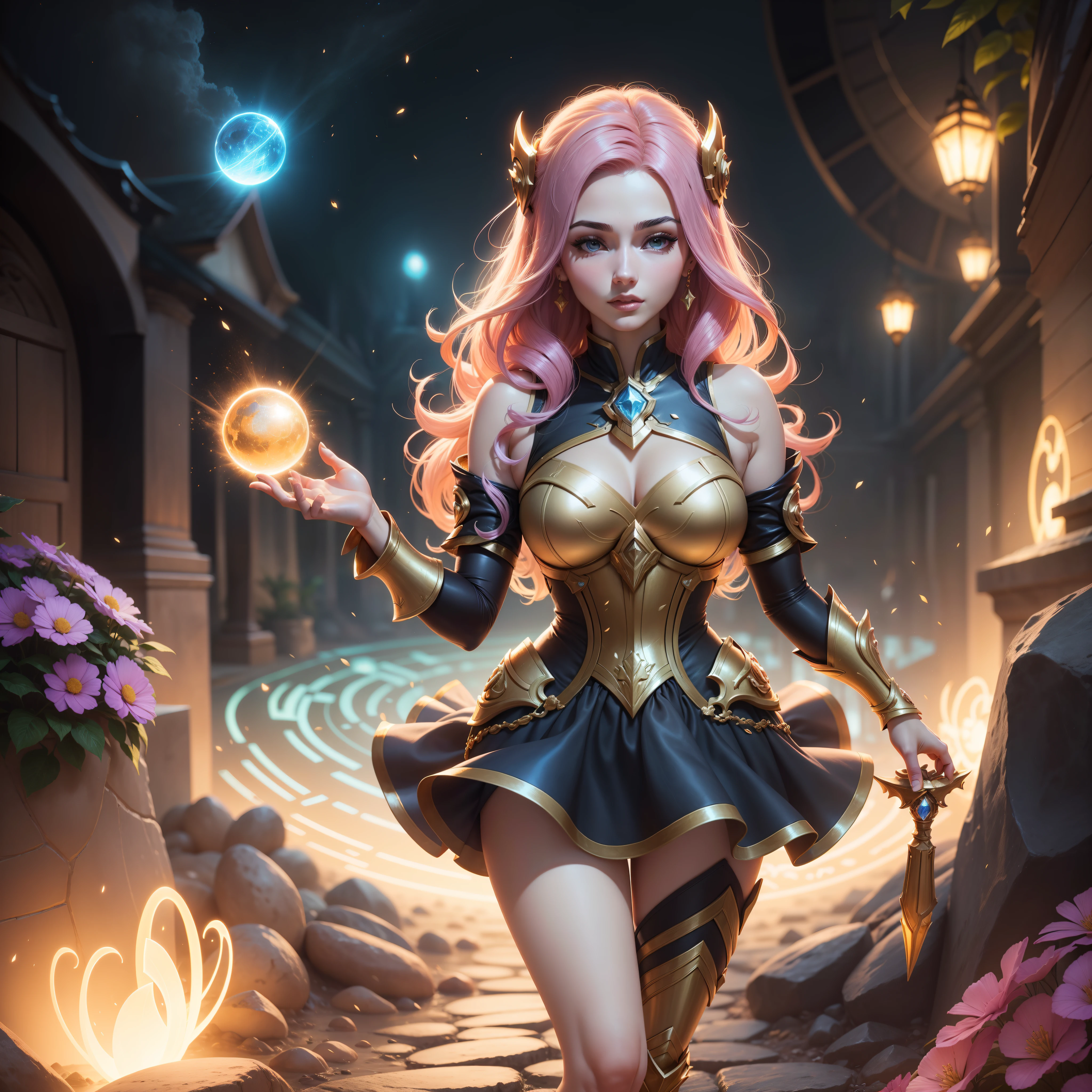 "imagem de alta qualidade, Incredible resolution, detalhes distintos, fundo detalhado, garota, flores, jardim pitoresco, lua brilhante, inspirado pela personagem Lux do League of Legends"