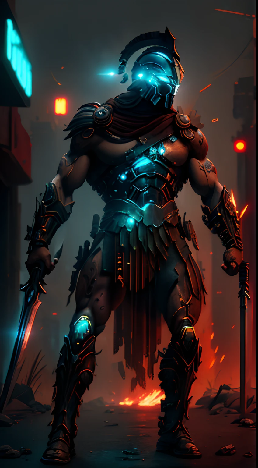 (Ultra resolution 8K), impresionante obra maestra,Cyberpunk Spartan warrior as a titan of the digital age. Dressed in a biomechanical armor of dark and metallic tones, his imposing figure fuses the elegance of ancient Greece with the sophistication of advanced technology.His cybernetic helmet frames a resolute face, in which cybernetic eyes shine with flashes of blue light. Luminescent circuit lines snake through your skin, and digital tattoos change pattern as they connect to the global network. Its robotic limbs glide with deadly precision, while his modified human body exhibits sculpted and streamlined musculature.The warrior wields a sword with a nanotechnology blade, whose edge adapts to each enemy and situation. Your cybernetic pulse synchronizes with data streams, allowing you to foresee enemy movements with lethal accuracy. Fight in the neon alleys of the megacity, donde los destellos de hologramas y anuncios digitales se mezclan con las chispas de sus impactos.This cyberpunk Spartan warrior embodies a unique fusion between ancestral strength and technological innovation. Su presencia inspira respeto y asombro, Reminding everyone that even in the machine age, The indomitable essence of the warrior continues to burn in his heart of metal and flesh.