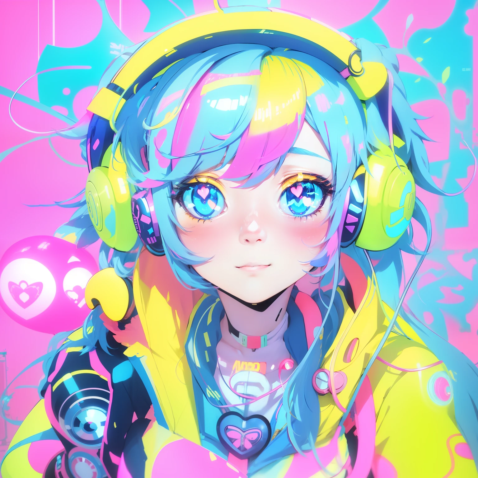 kawaii menina anime, menina coreana , bright eyes heart in eyes, amarelo neon, cores rosa e azul pastel, cabelo platinado curto, bolha chiclete, Floating neon hearts, headphones on head, cyberpunk bonito