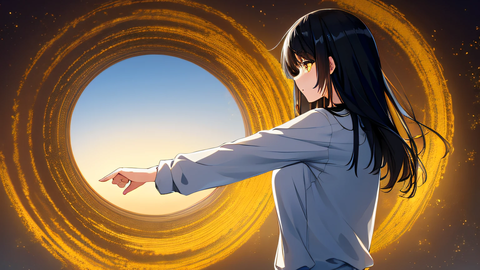 masterpiece, high quality, 8k, beautiful lighting, doga kobo, anime scene, 1girl, solo, aoi_haruka, black hair, medium to long hair, no bangs, young woman, a litle bit short posture, medium breast, yellow eyes, casual outfit, reaching the portal, upper body, saying goodbye, leaving