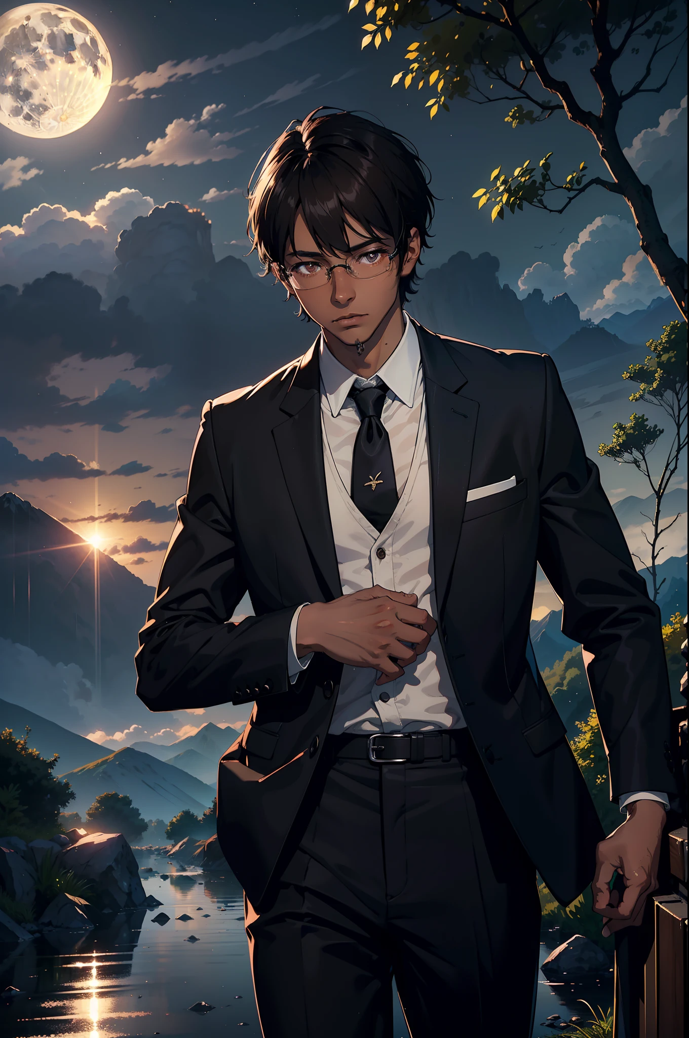 man, tall, 20 years old, straight hair and social cut, glasses, dark skin, wearing a black suit, light brown eyes, black dress shoes matching the black suit, water, outdoors, sky, full moon, rain, mountain, cloud, paper lantern, standing, night sky, tree, sideways, reflection, cloudy sky (masterpiece), (extremely detailed 8k CG wallpaper), top quality, ground, cinematic lighting, intricate background, beautiful detailed eyes, shining pupils, (exquisitely delicate and lovely), (description of beautiful and detailed brown eyes), ultra-detailed, masterpiece).