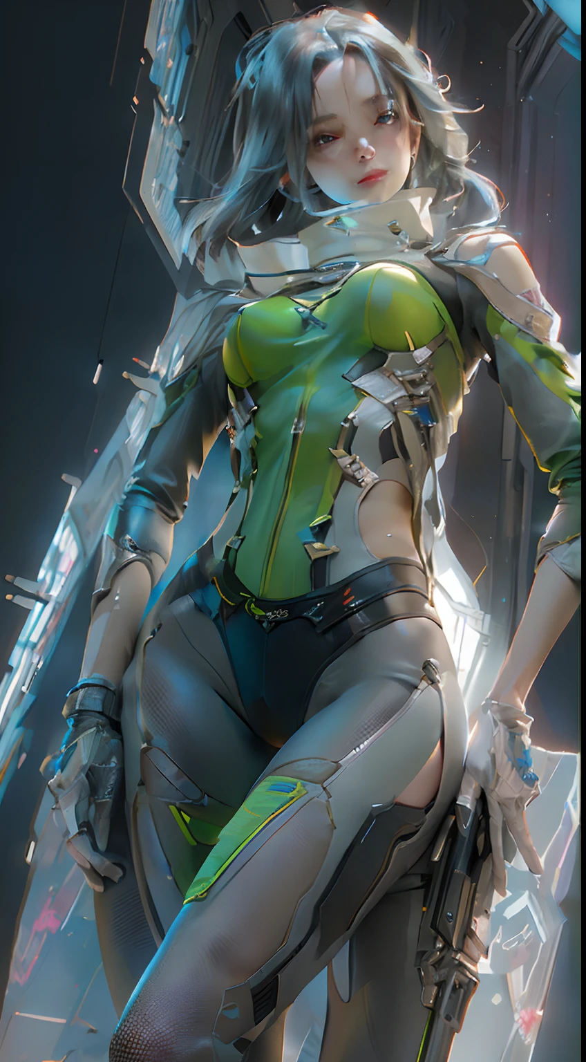 (Best Quality), ((Masterpiece), (Detail: 1.4), 3D, A Beautiful Cyberpunk Woman, HDR (High Dynamic Range), Ray Tracing, NVIDIA RTX, Super-Resolution, Unreal 5, Subsurface Scattering, PBR Textures, Post-Processing, Anisotropic Filtering, Depth of Field, Maximum Sharpness and Clarity, Multi-layer Textures, Albedo and Highlight Maps, Surface Shading, Accurate simulation of light-material interactions, perfect proportions, Octane Render, two-color light, large aperture, low ISO, white balance, rule of thirds, 8K RAW, exposed side breasts, fair slender long legs