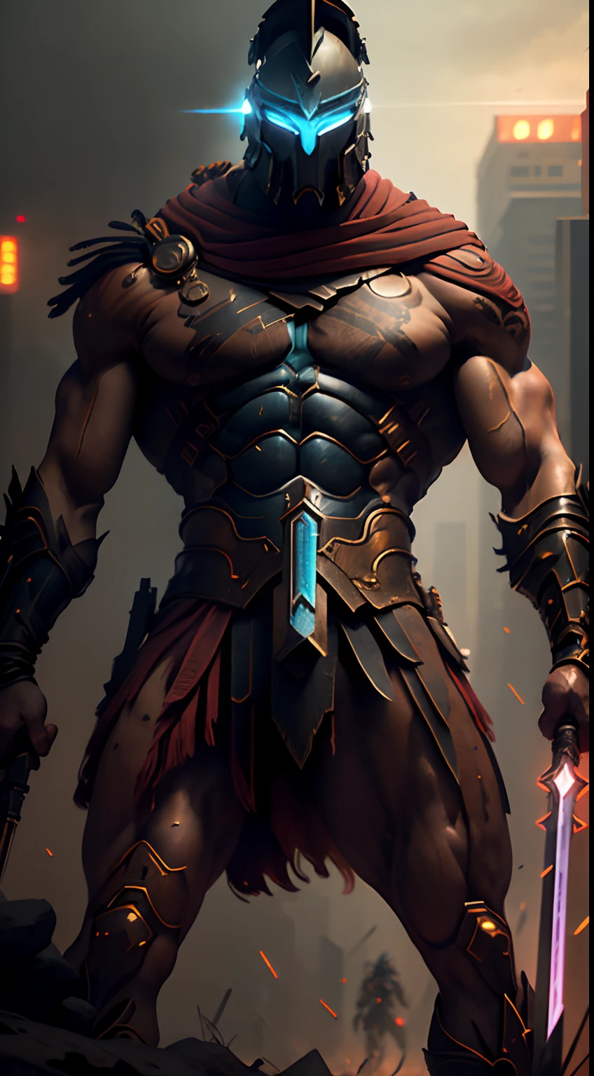 (Ultra resolution 8K), impresionante obra maestra,Cyberpunk Spartan warrior as titan of the digital age. Dressed in biomechanical armor of dark and metallic tones, his imposing figure fuses the elegance of ancient Greece with the sophistication of advanced technology.His cybernetic helmet frames a resolute face, in which cybernetic eyes glow with flashes of blue light. Luminescent circuit lines snake through your skin, And digital tattoos change pattern as they connect to the global network. Its robotic limbs glide with deadly precision, while its modified human body exhibits sculpted and streamlined musculature.The warrior wields a sword with a nanotechnology blade, whose advantage adapts to each enemy and situation. Your cybernetic pulse synchronizes with data streams, allowing you to foresee enemy movements with lethal accuracy. Fight in the neon alleys of the megacity, donde los destellos de hologramas y anuncios digitales se mezclan con las chispas de sus impactos.This cyberpunk Spartan warrior embodies a unique fusion between ancestral strength and technological innovation. Su presencia inspira respeto y asombro, Reminding everyone that even in the age of machines, The indomitable essence of the warrior continues to burn in his heart of metal and flesh.