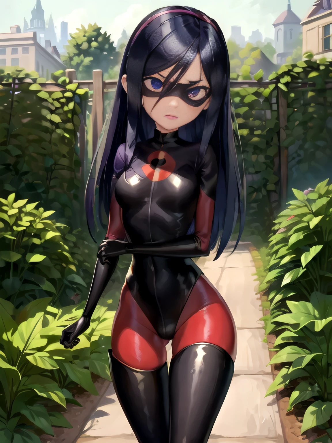 ((best quality)), ((highly detailed)), masterpiece, (detailed eyes, deep eyes), (1girl), Perspective distortion, cowboy shot, violetparr, black hair, long hair, hairband, purple eyes, mask, red bodysuit, gloves, boot, thighhighs, thigh boots, latex, (in a garden)